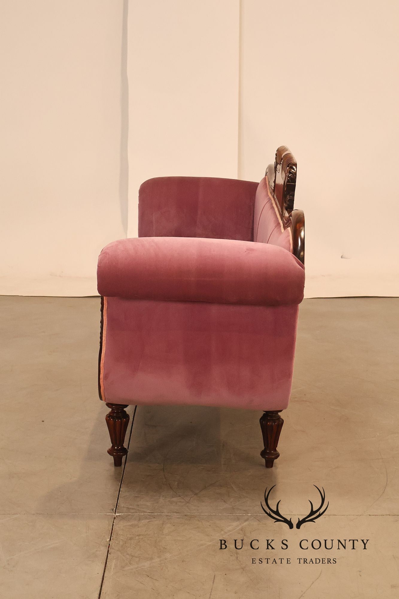 Victorian Style Mahogany Carved Wood Framed Pink Velour Upholstered Sofa