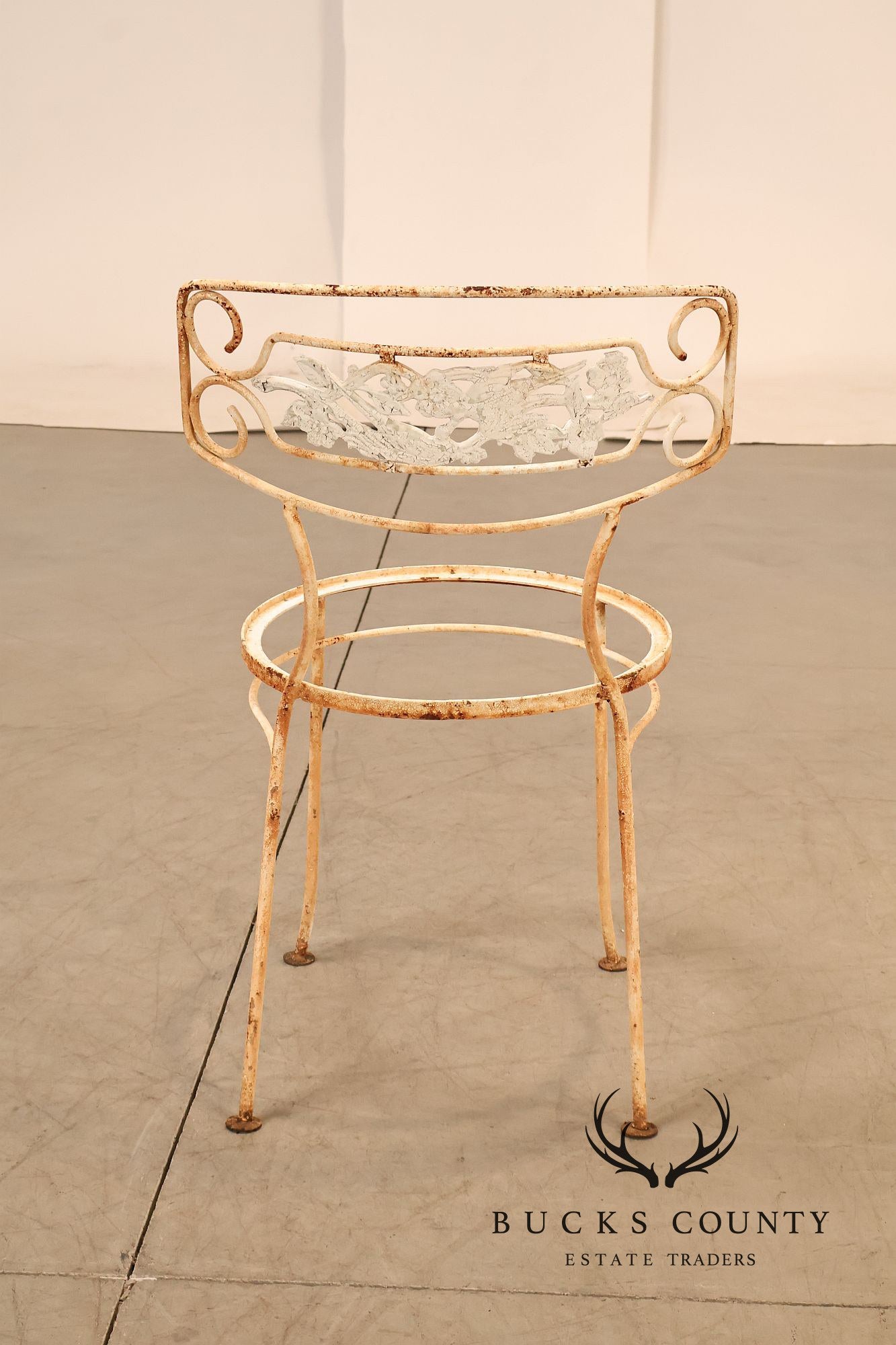 Painted Wrought Iron Set Of Three Garden Chairs With Decorative Backs