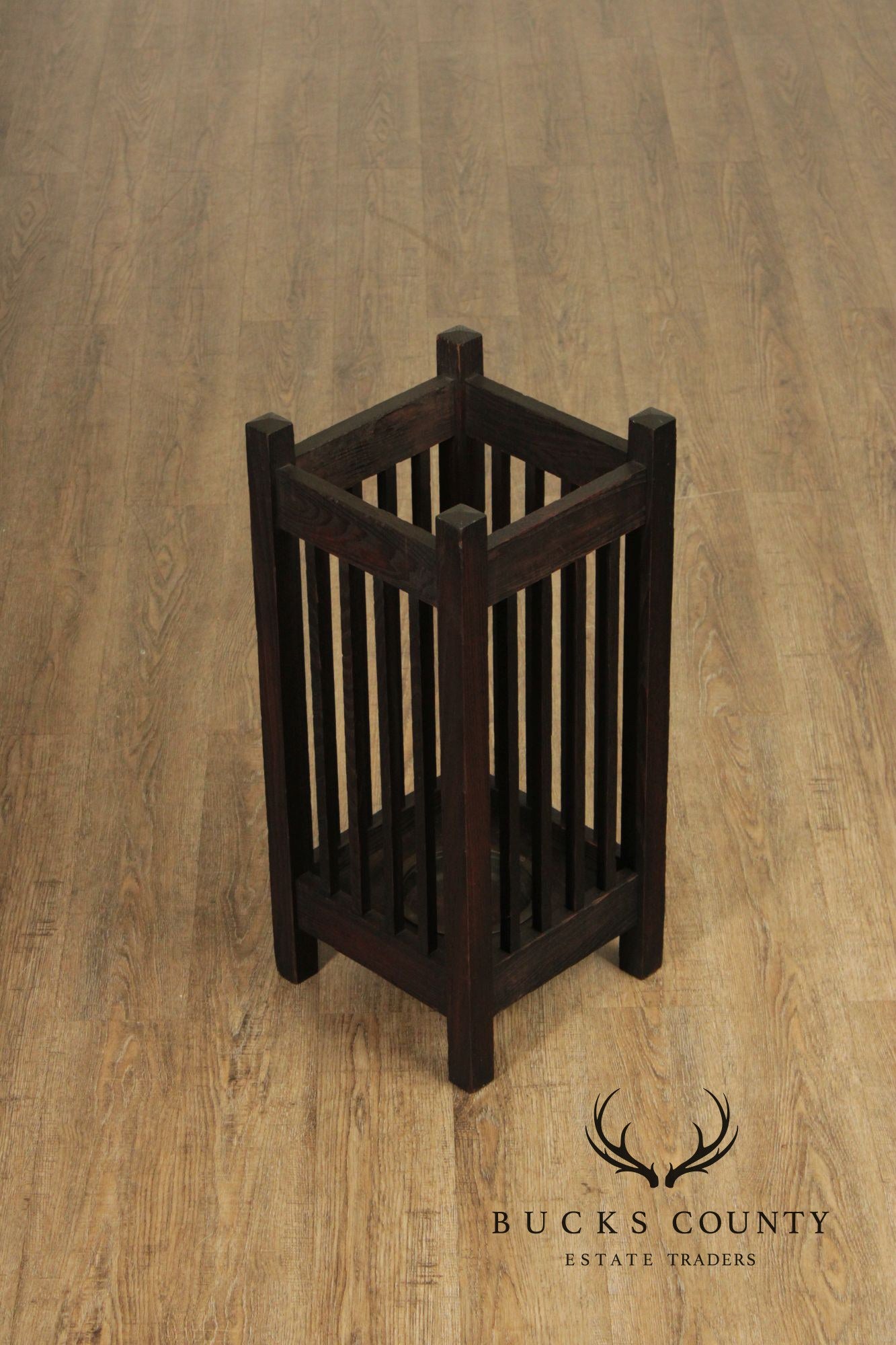 Antique Mission Oak Umbrella Stand With Drip Pan