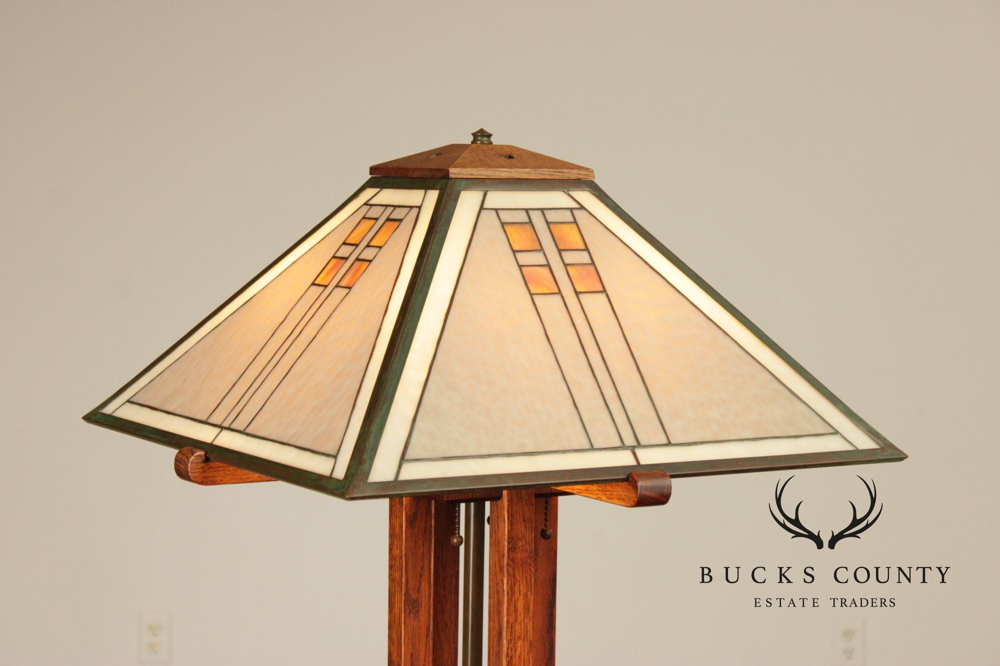 Pair Michael Adams – Aurora Studios Prairie School Oak & Stained Glass Floor Lamps