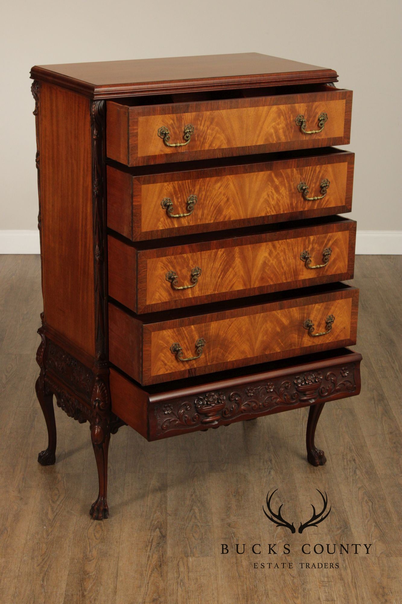 1930's Georgian Style Carved Mahogany Tall Chest