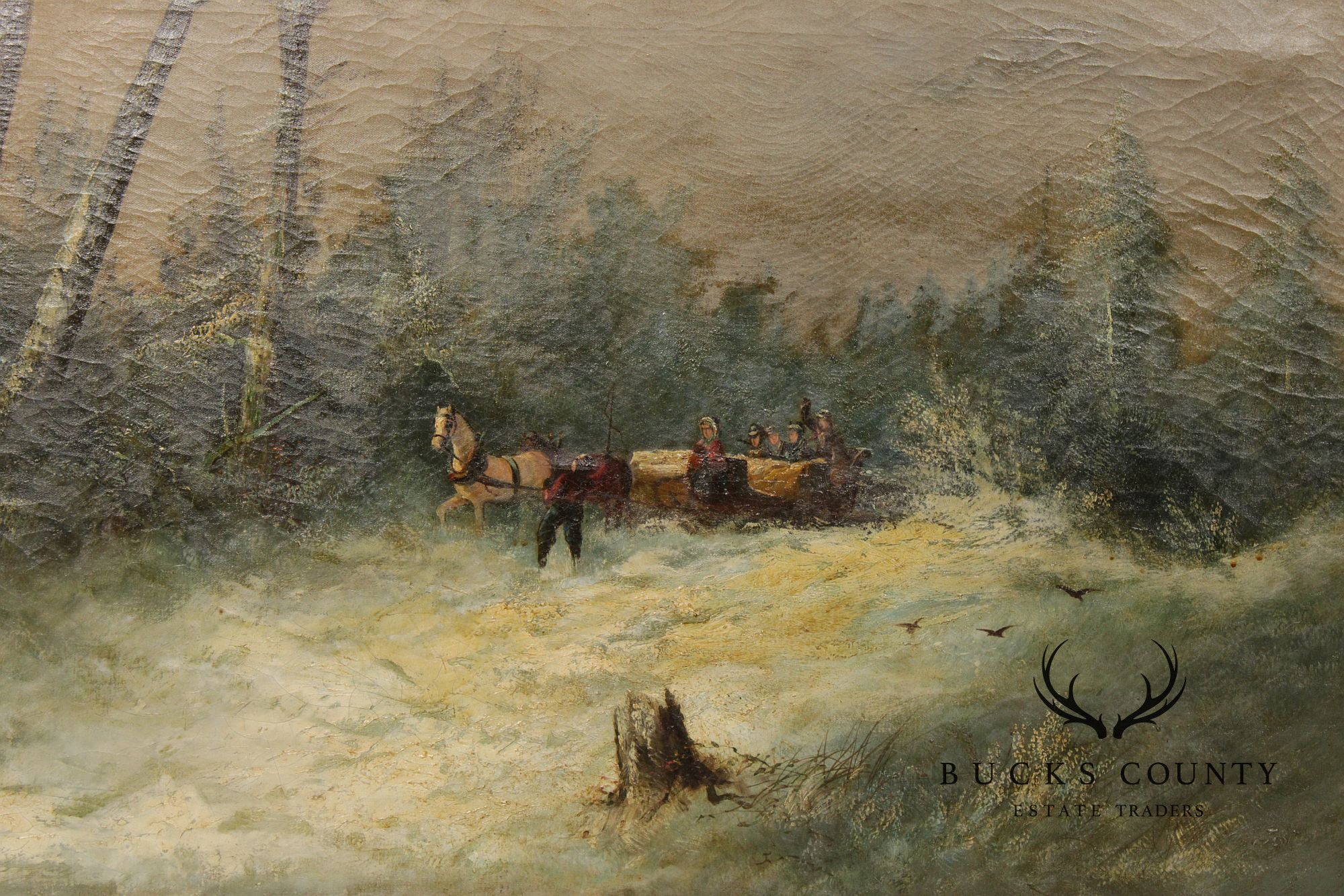 Continental School Large Winter Landscape Painting, Sleigh Ride
