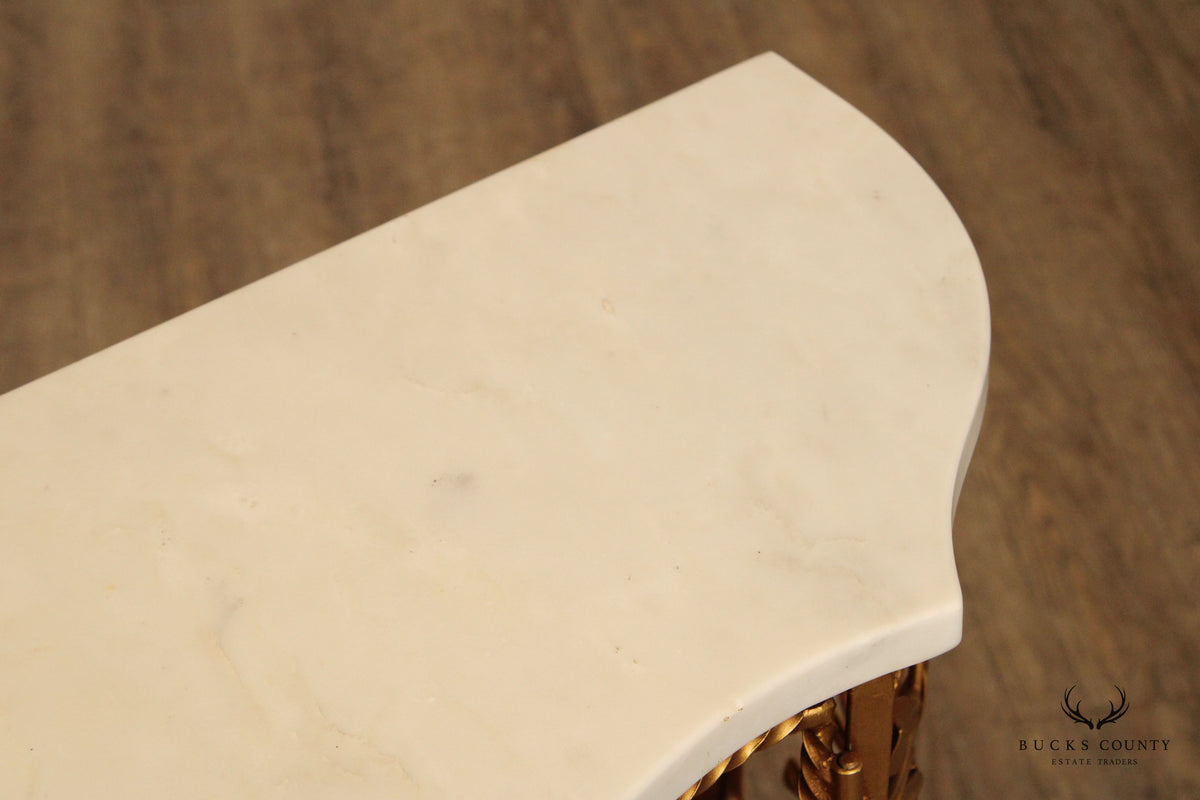 Italian Hollywood Regency Marble Top Floral Console Cabinet