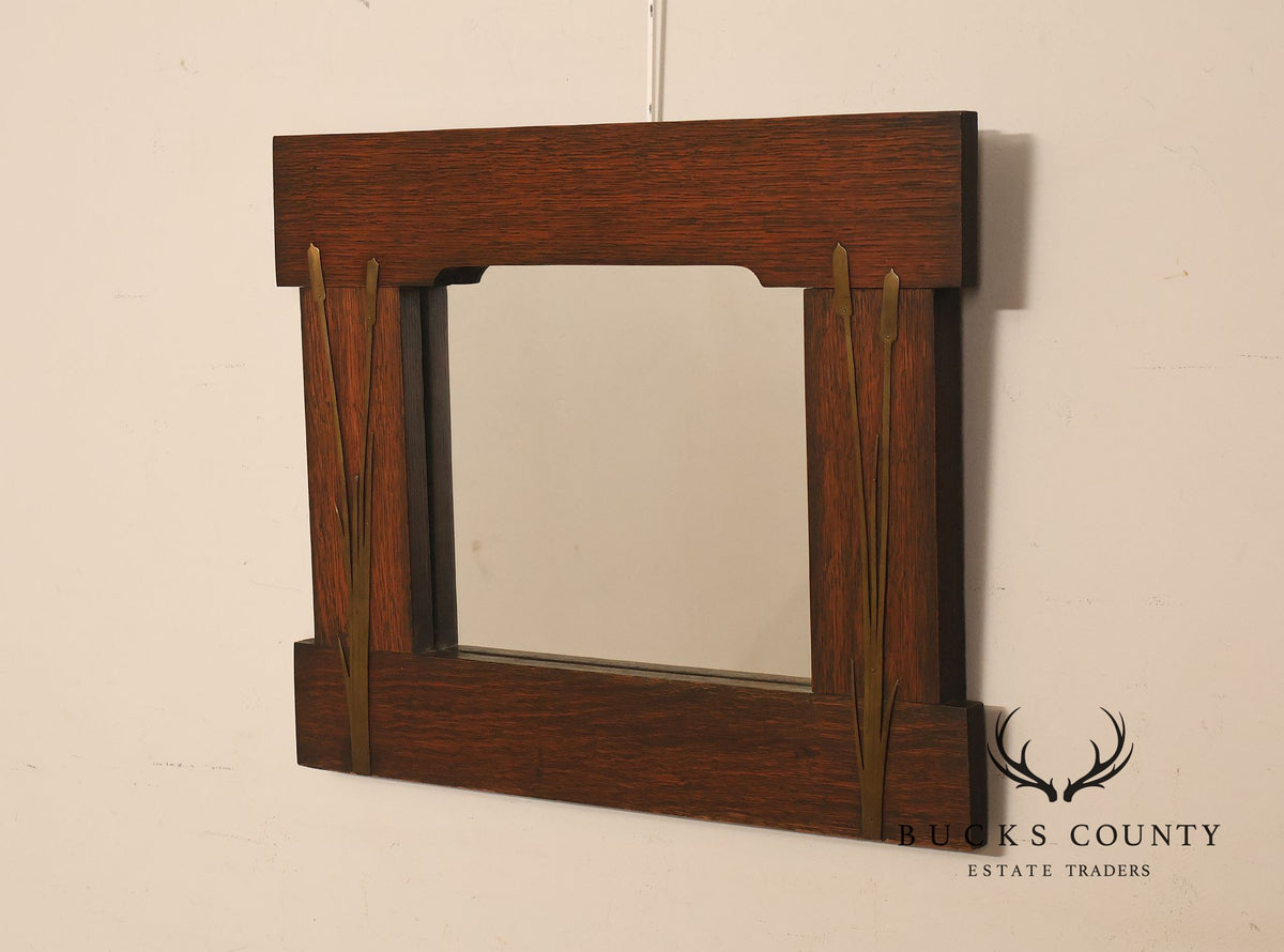 Arts And Crafts Mission Oak Mirror With Brass Cattail Decorative Mounts