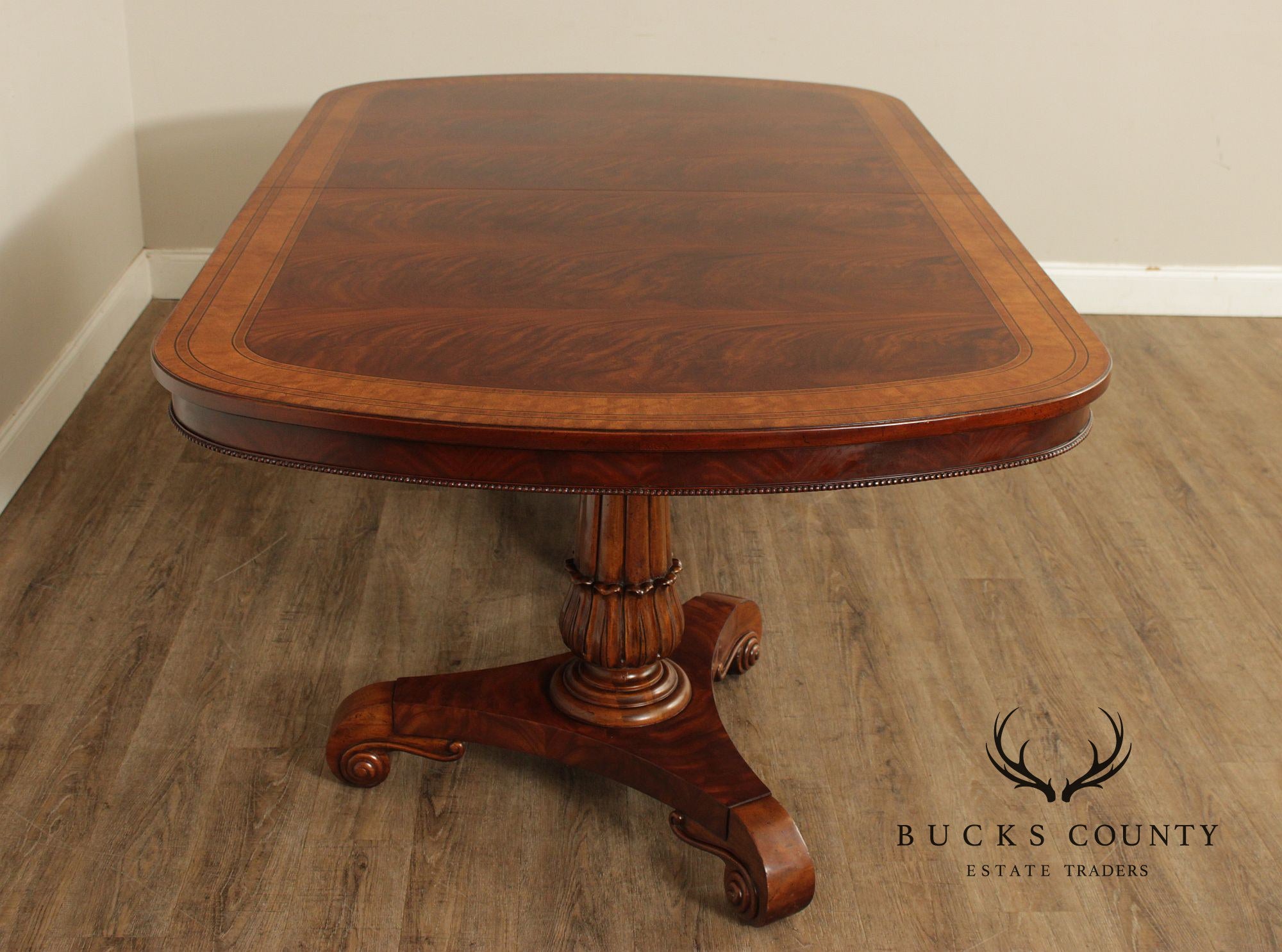 Regency Style Quality Banded Mahogany Double Pedestal Dining Table With 2 Leaves