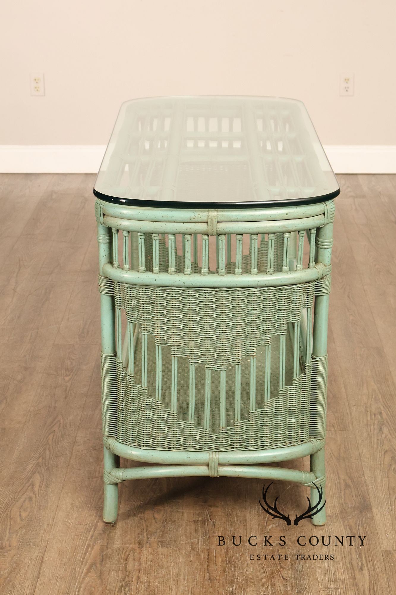 Boho Chic Glass Top Painted Rattan Glass Top Console Table