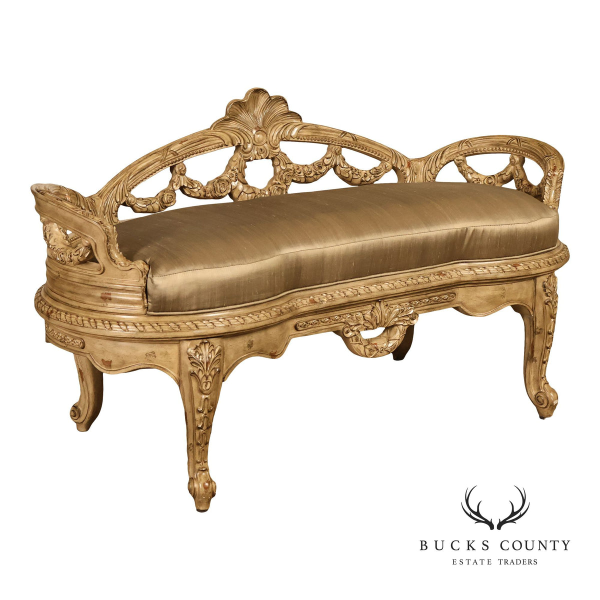 French Louis XV Style Carved Painted Upholstered Bench