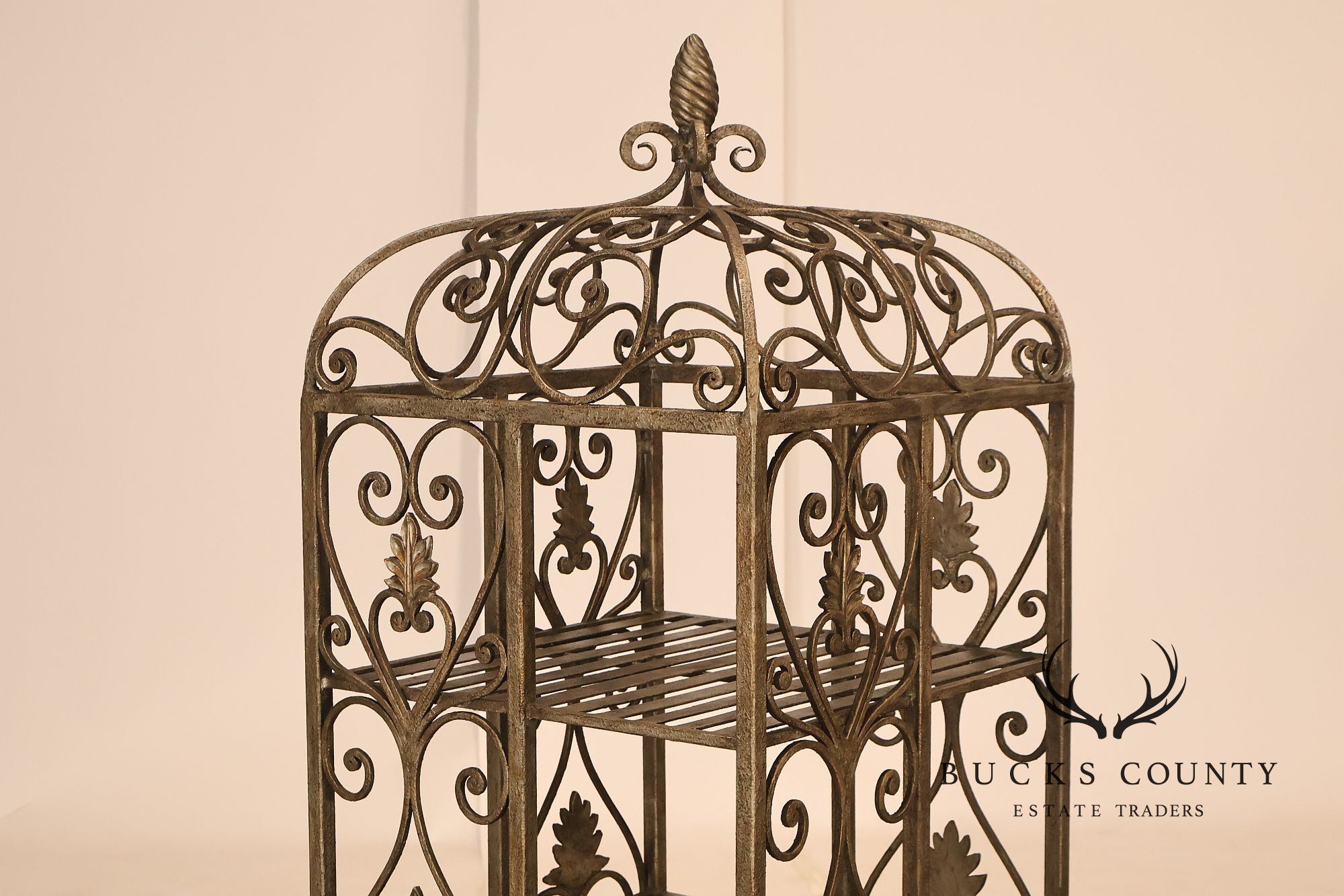 French Baroque Style Wrought Iron Scrollwork Birdcage Etagere Display Shelf