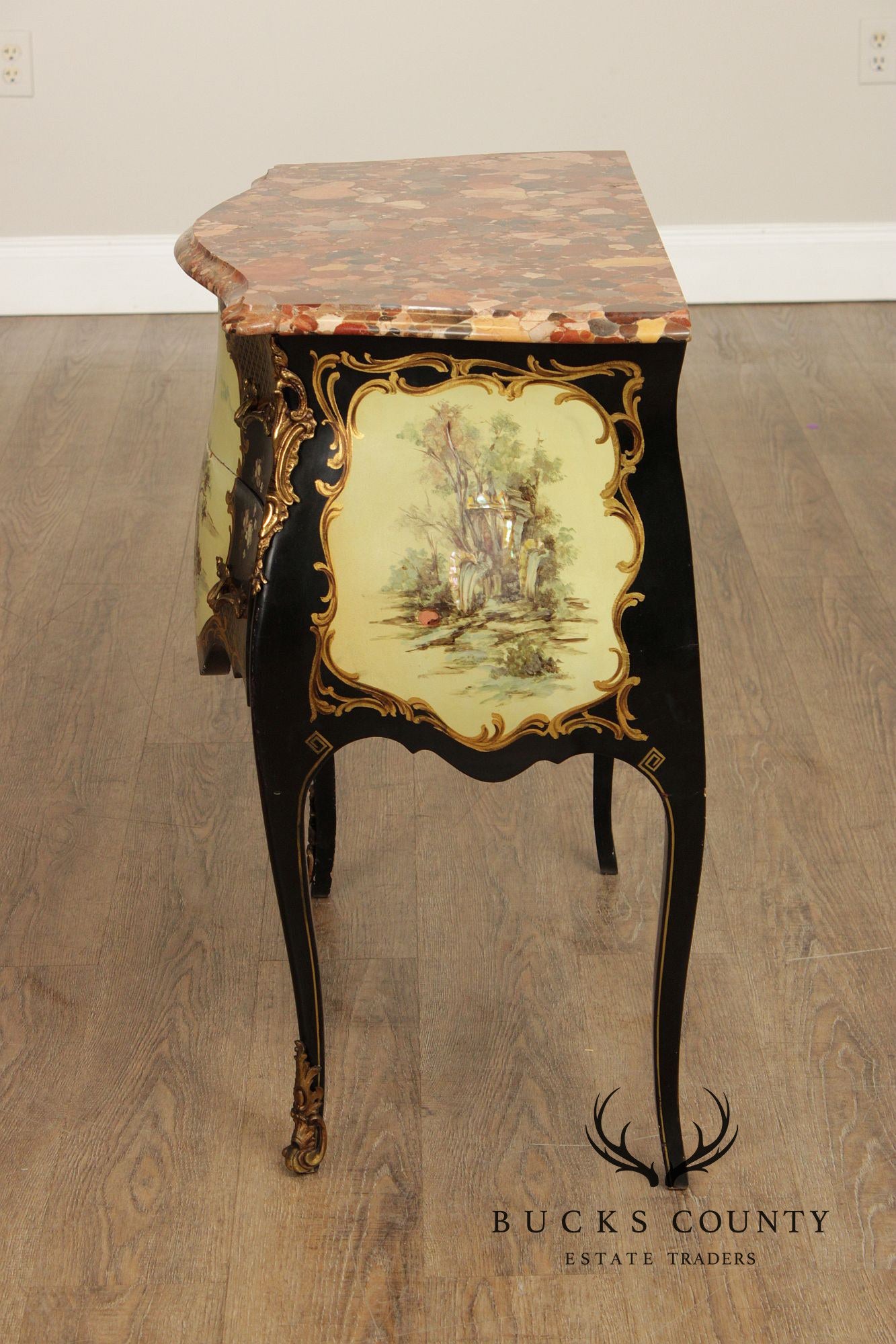 Louis XV Style Hand Painted Marble Top Bombe Commode