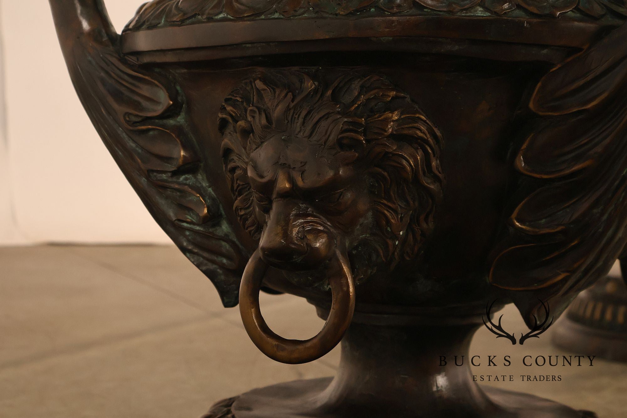 Monumental Brass Urn Form Double Pedestal Glass Top Dining Table