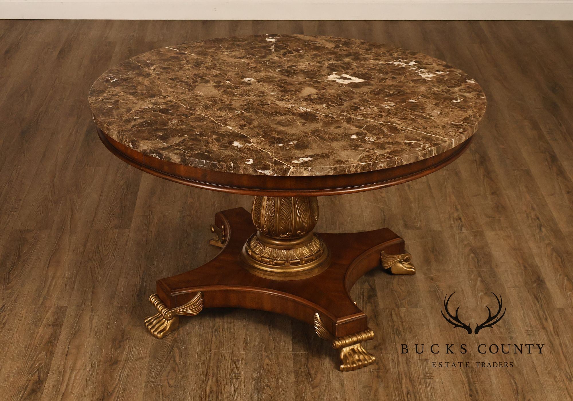 Drexel Neoclassical Revival Round Marble Top Pedestal Dining or Center Table With Claw Feet