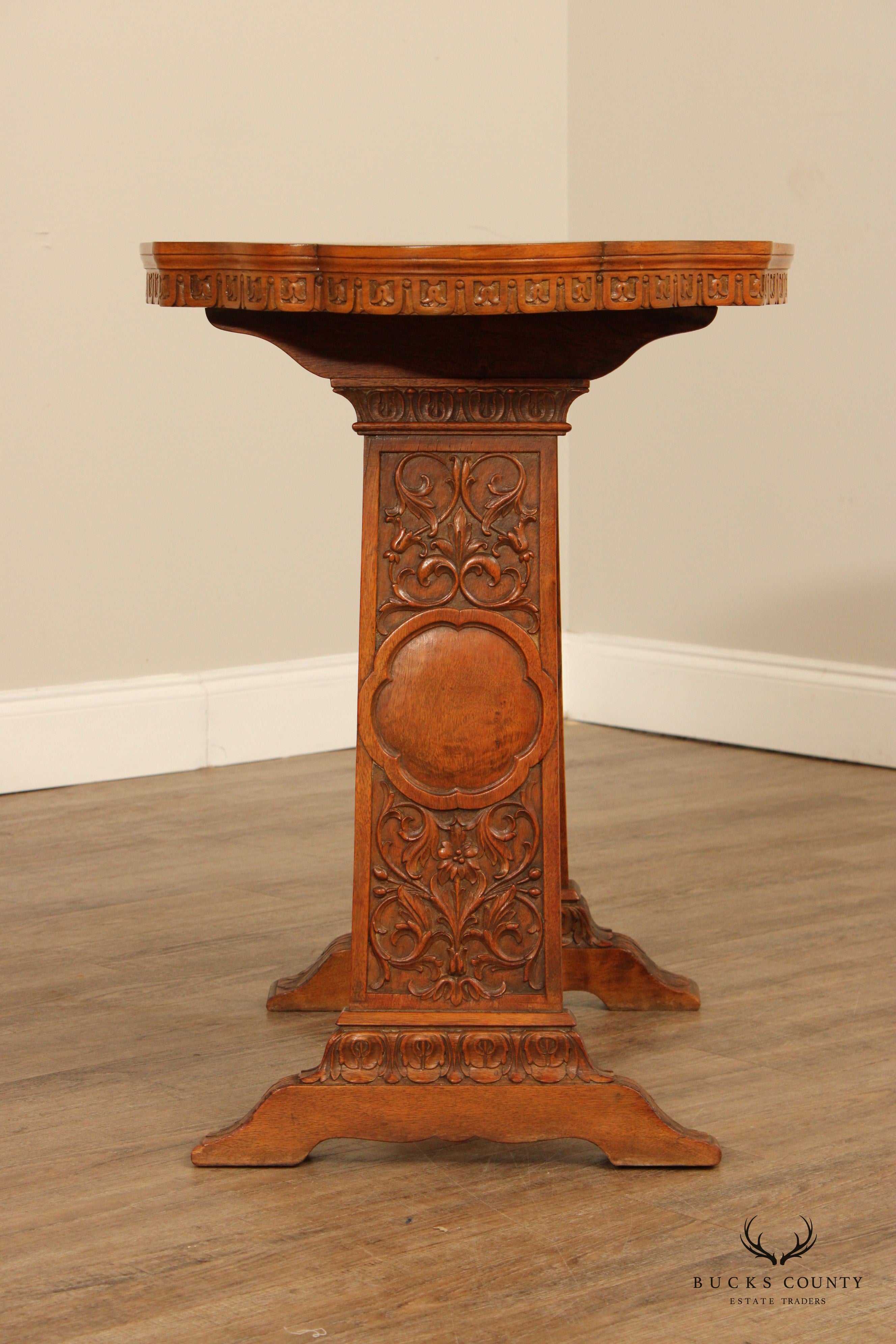 Antique Spanish Revival Carved Oak And Forged Iron Trestle Side Table