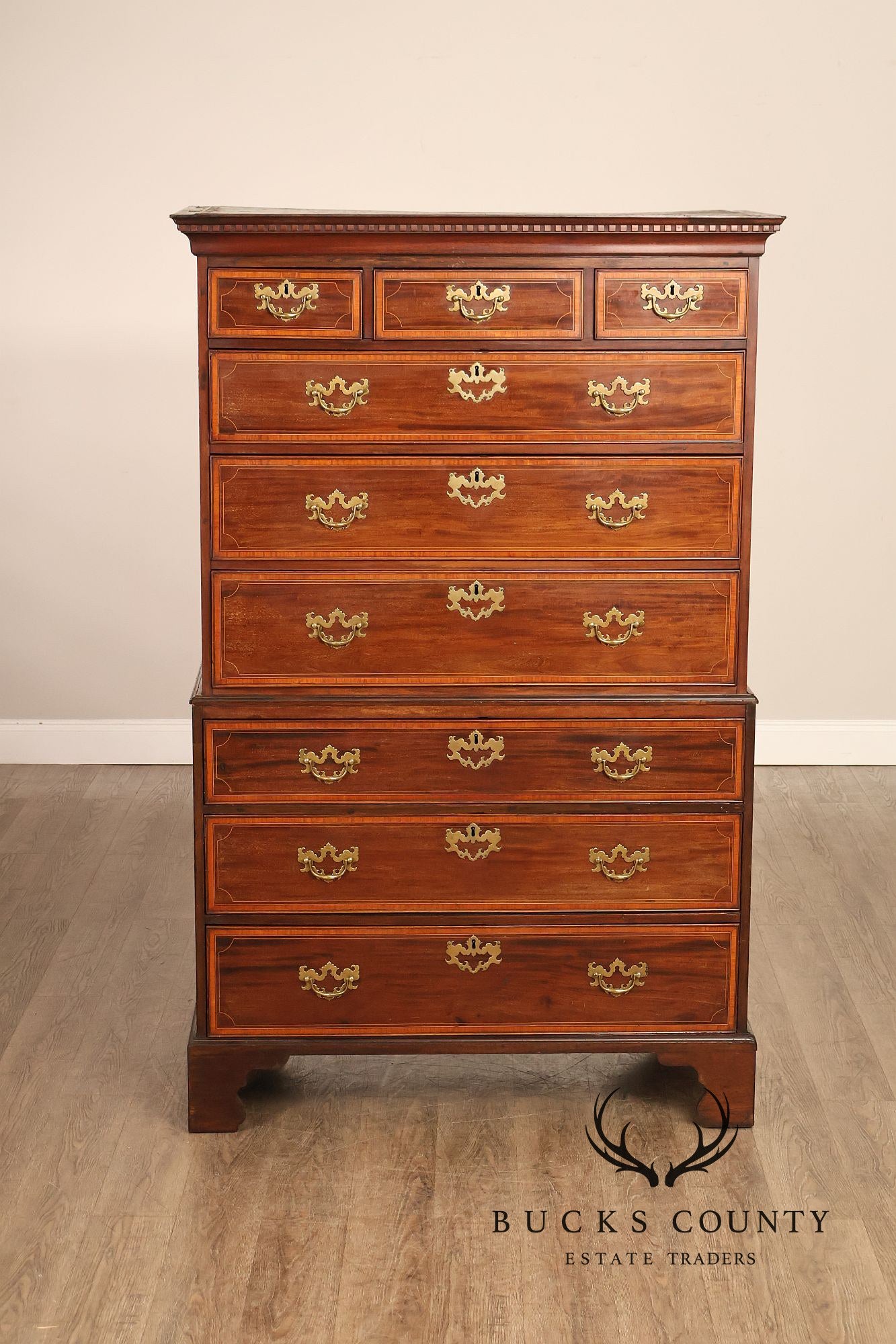 Antique Georgian Style Inlaid Mahogany Chest On Chest