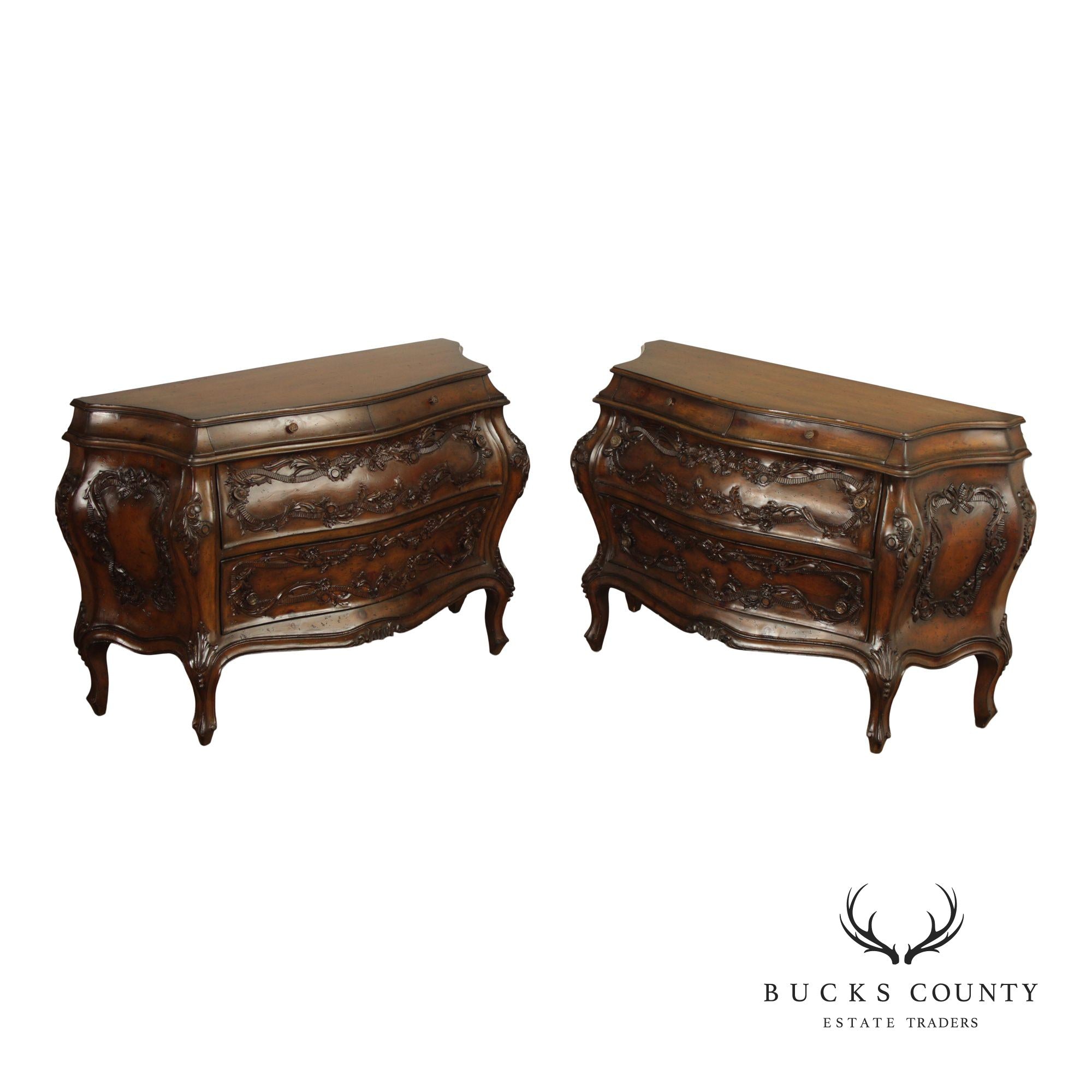 Italian Provincial Vintage Pair of Carved Bombe Commodes