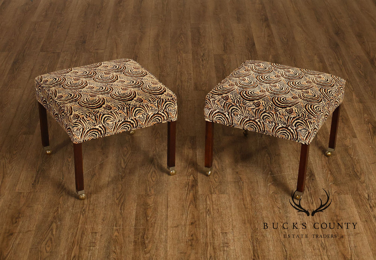 Postmodern Style Pair Of Square Upholstered Stools With Brass Casters