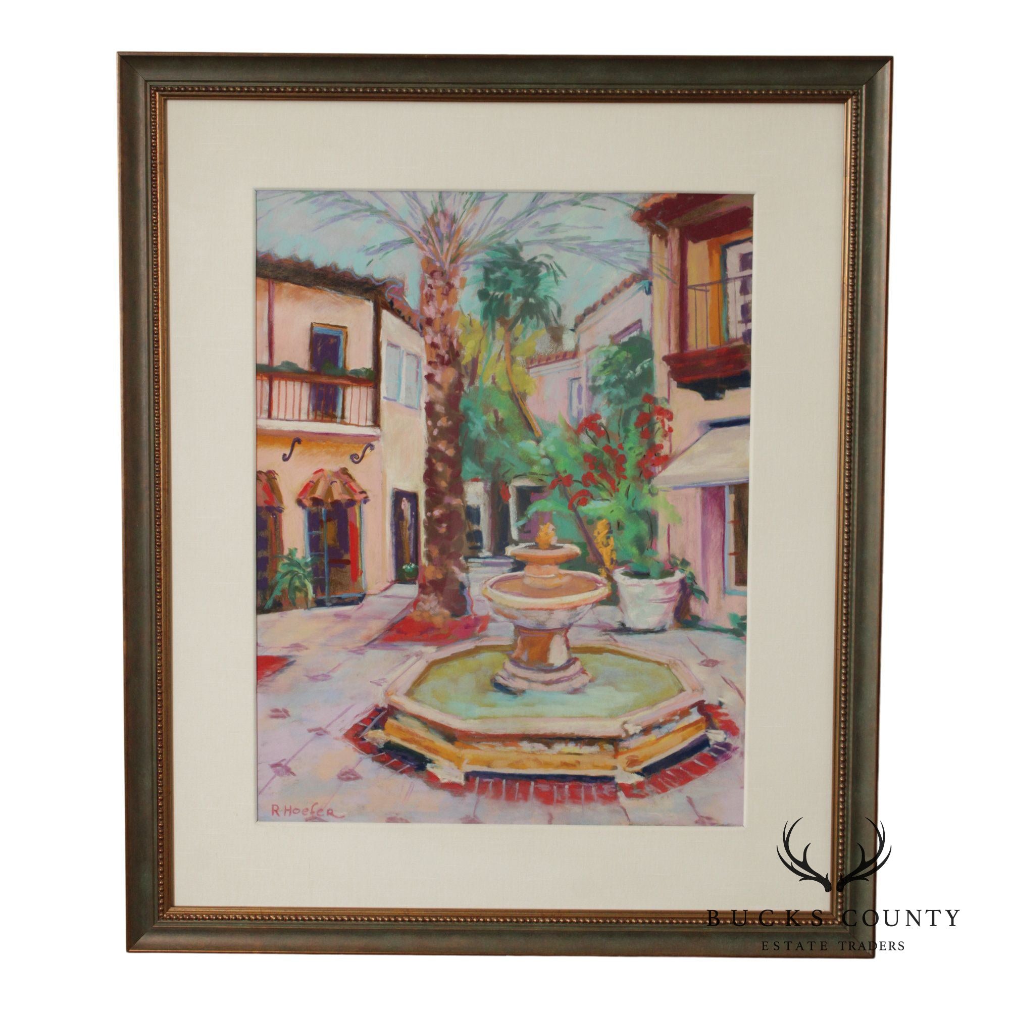R. Hoefer Oil Pastel Painting, Spanish Courtyard