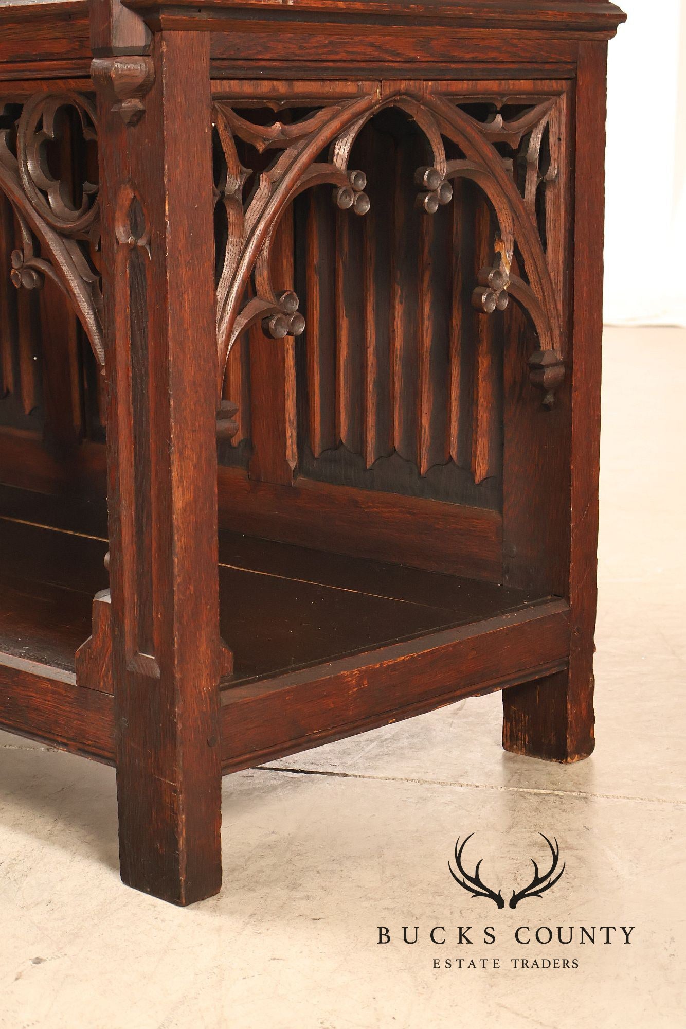 Antique Neo-Gothic Carved Oak Sideboard Server With Figural Panels