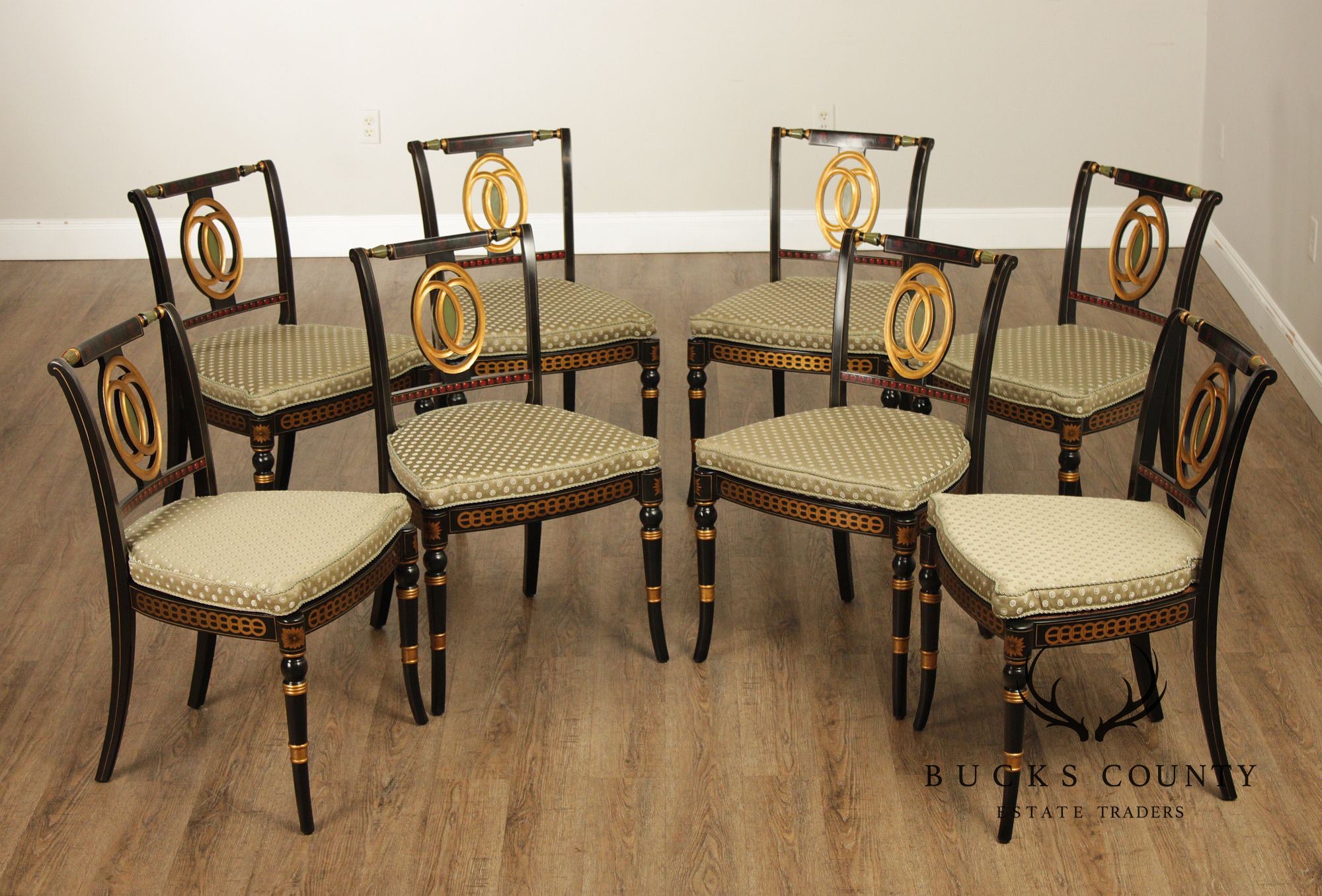 Theodore Alexander Regency Style Set Of Eight Painted And Gilt Dining Chairs