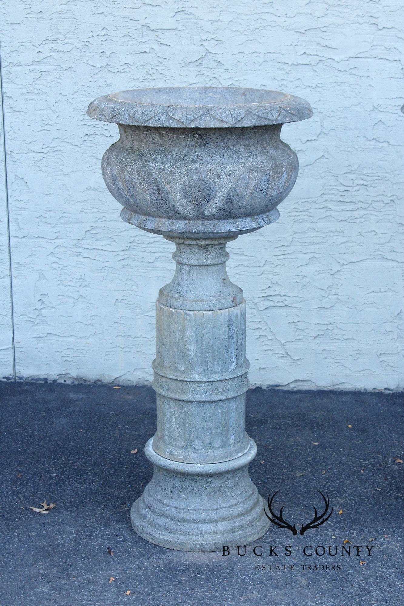 Vintage Pair Of Carved Granite Three Piece Garden Urns On Pedestals