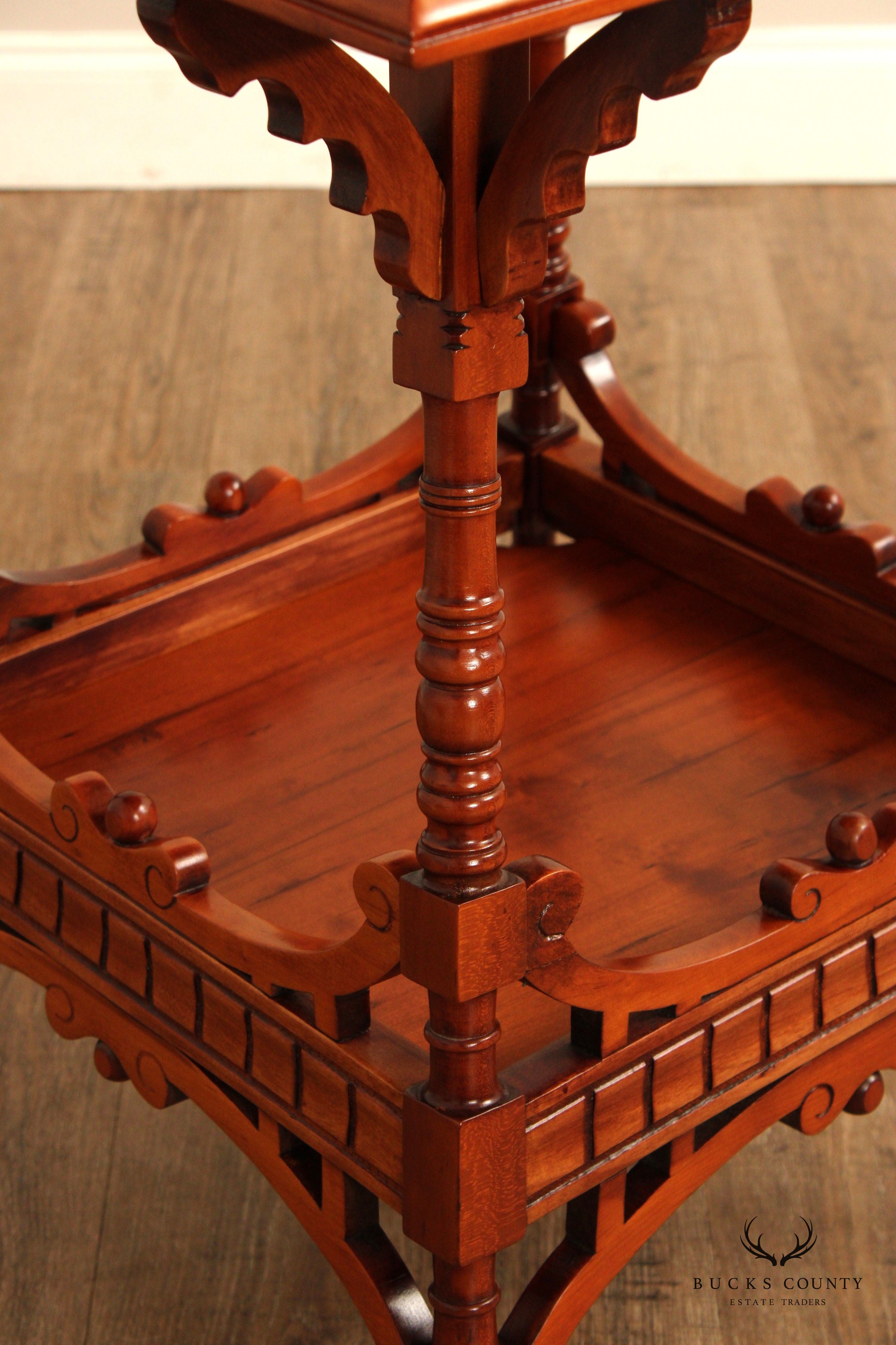 Antique Victorian Carved Cherry Two-Tier Lamp Table