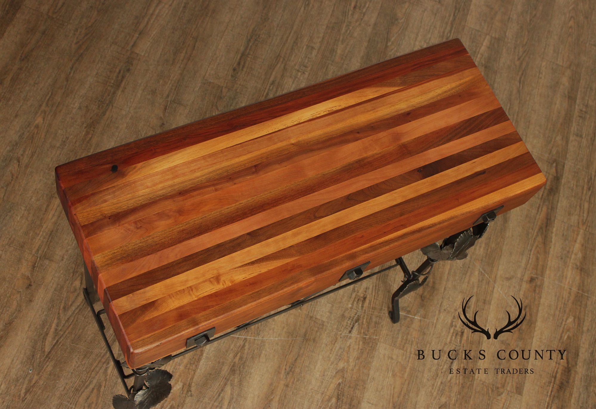 F.B. Farm Shenandoah Valley Butcher Block Iron Base Console Table & Wine Rack