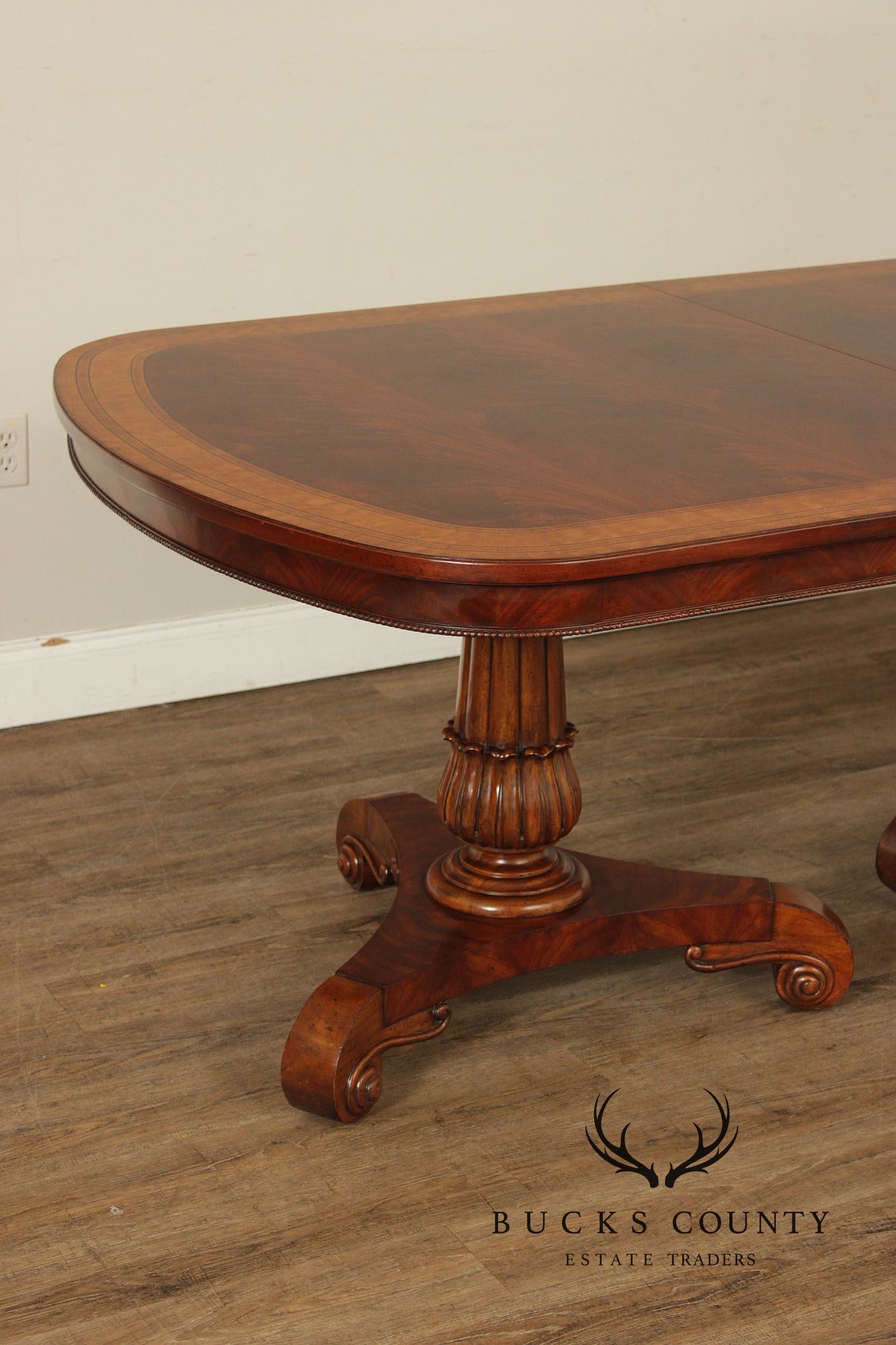 Regency Style Quality Banded Mahogany Double Pedestal Dining Table With 2 Leaves