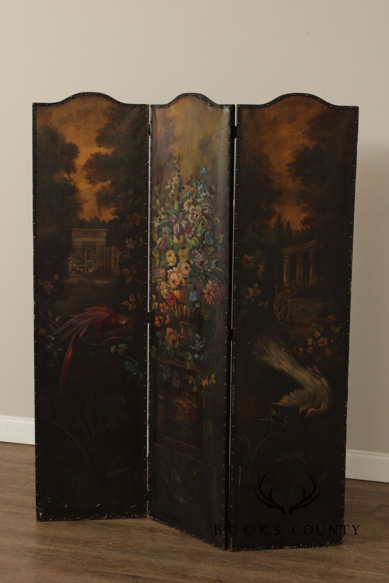 Antique Style 3-Panel Hand-Painted Oil On Canvas Floor Screen Room Divider With Floral Still Life, Birds & Garden Landscape