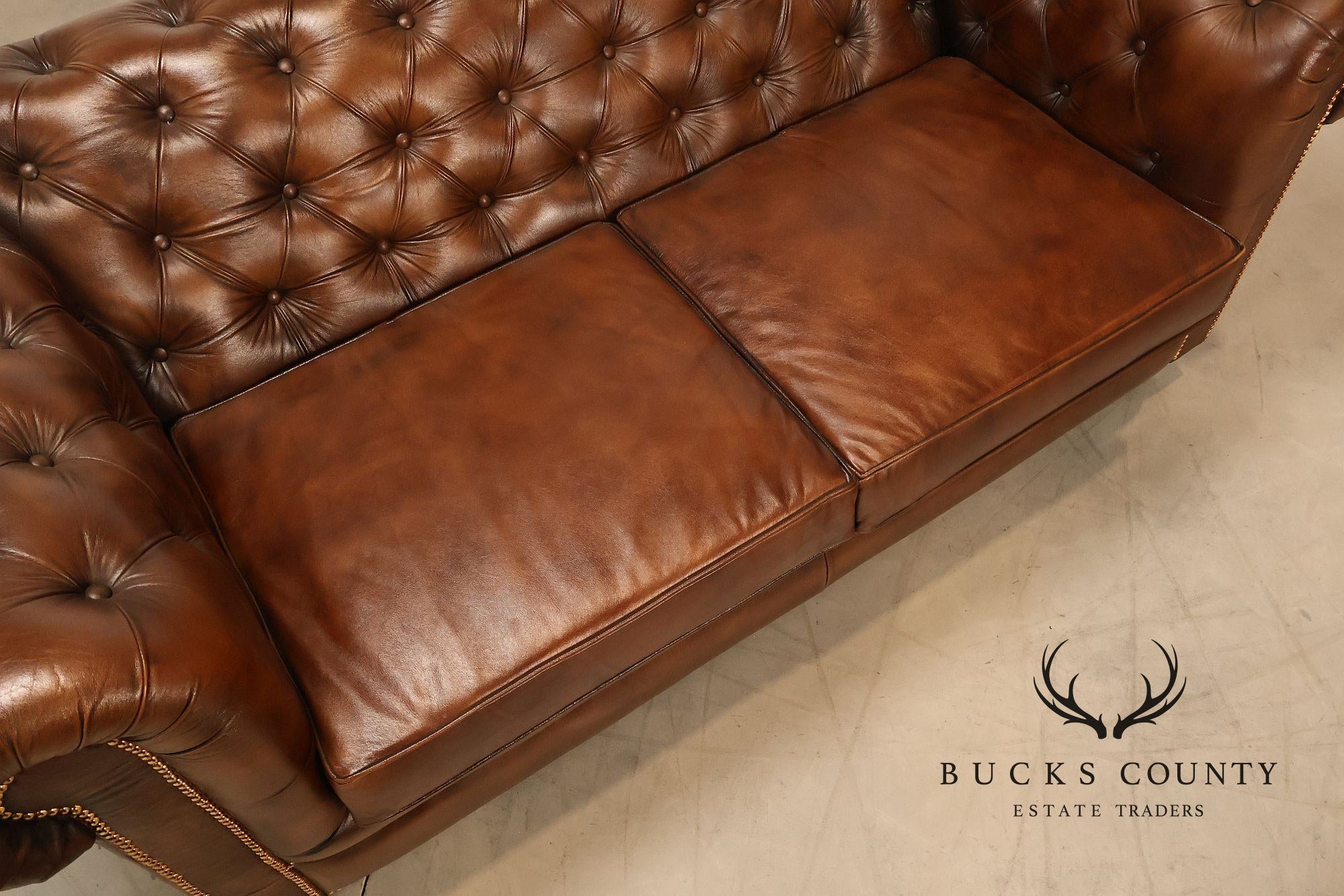 Chesterfield Style 6 Foot Cognac Brown Tufted Leather Sofa