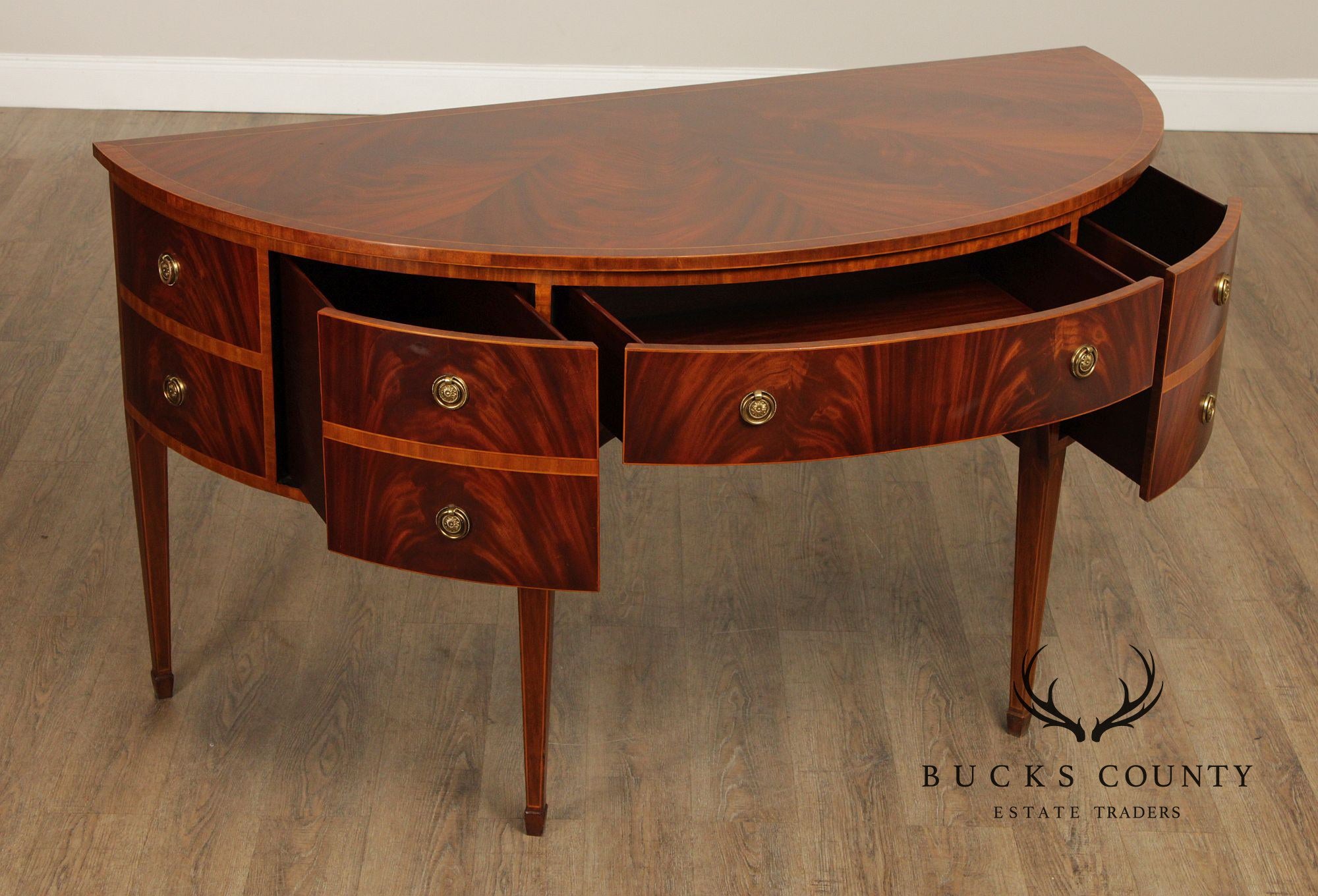 Maitland Smith Hepplewhite Style Deep Mahogany Inlaid Demilune Sideboard