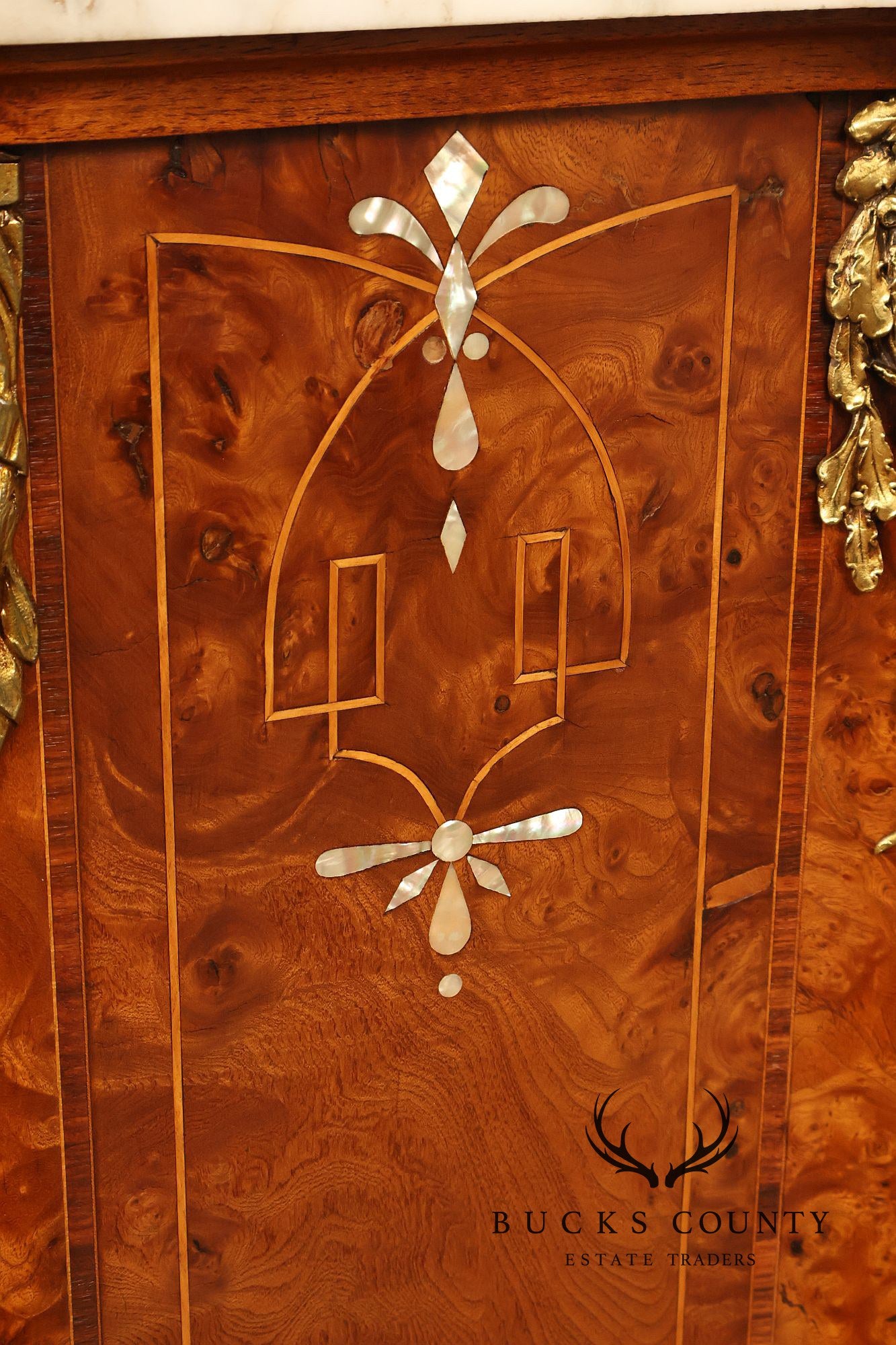 French Belle Époque Art Nouveau Burled Walnut Marble Top Sideboard With Display Cabinets