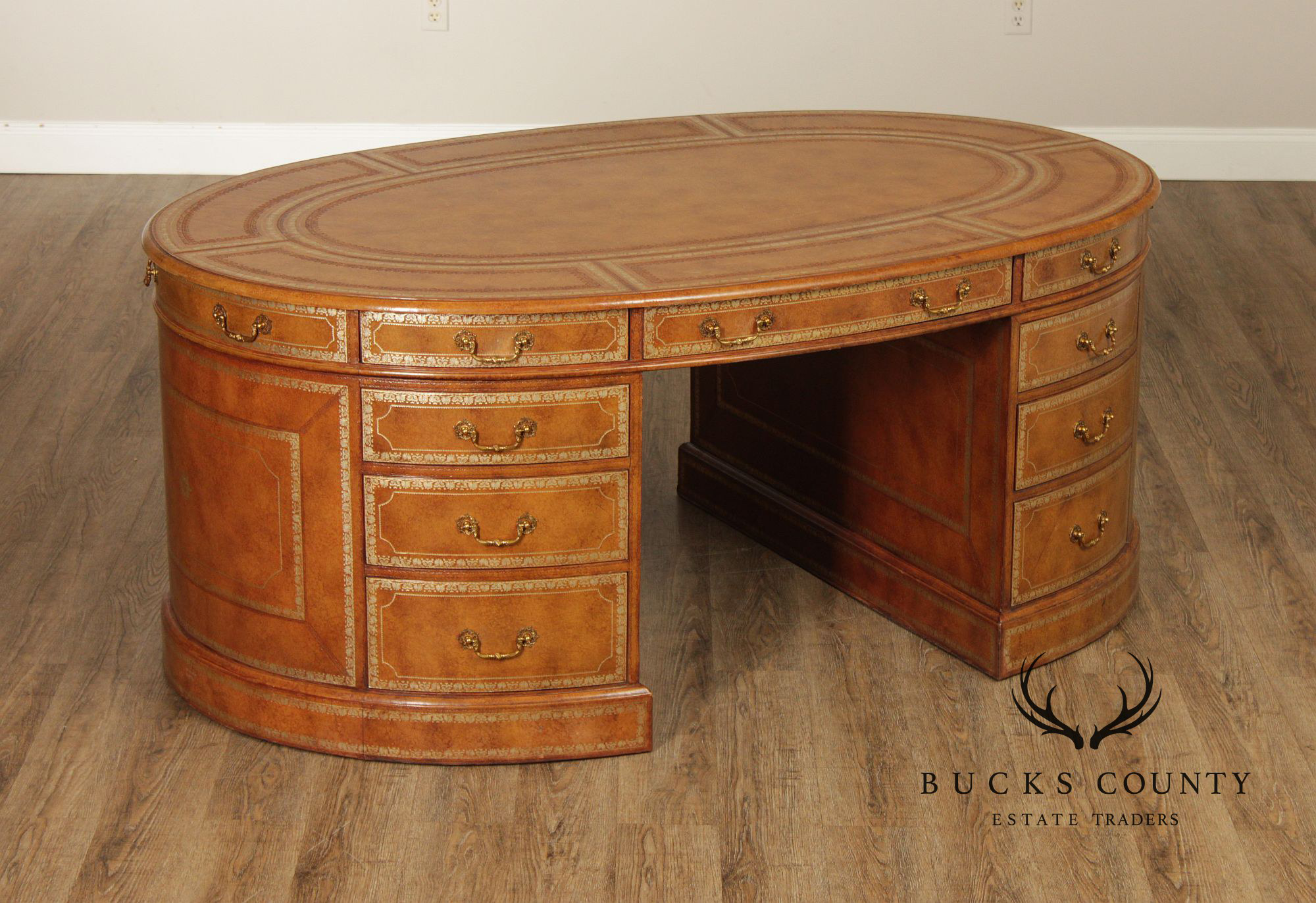 Maitland Smith Leather Wrapped Oval Executive Partners Desk