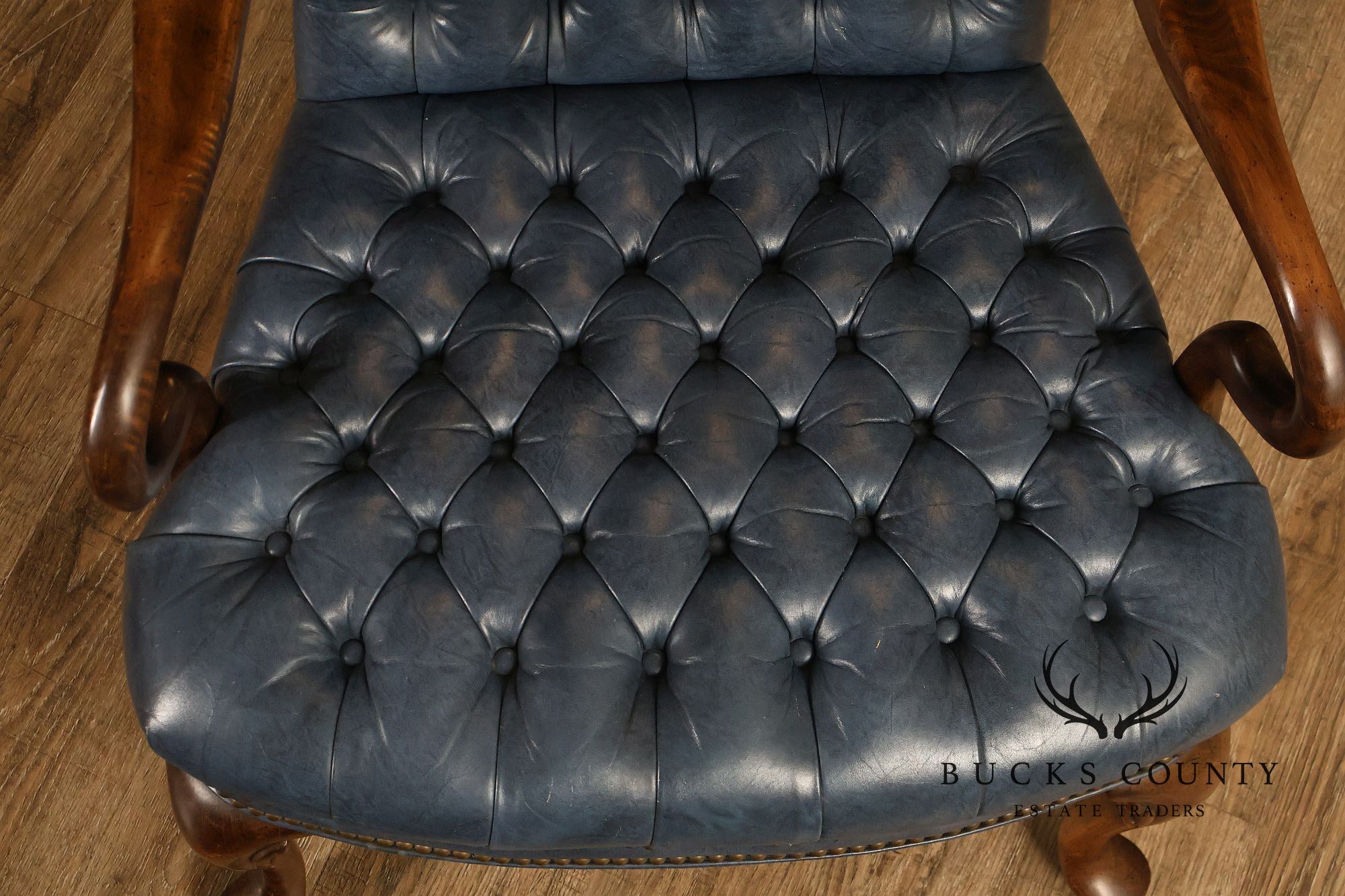 Ethan Allen Queen Anne Style Pair of Tufted Leather Library Armchairs