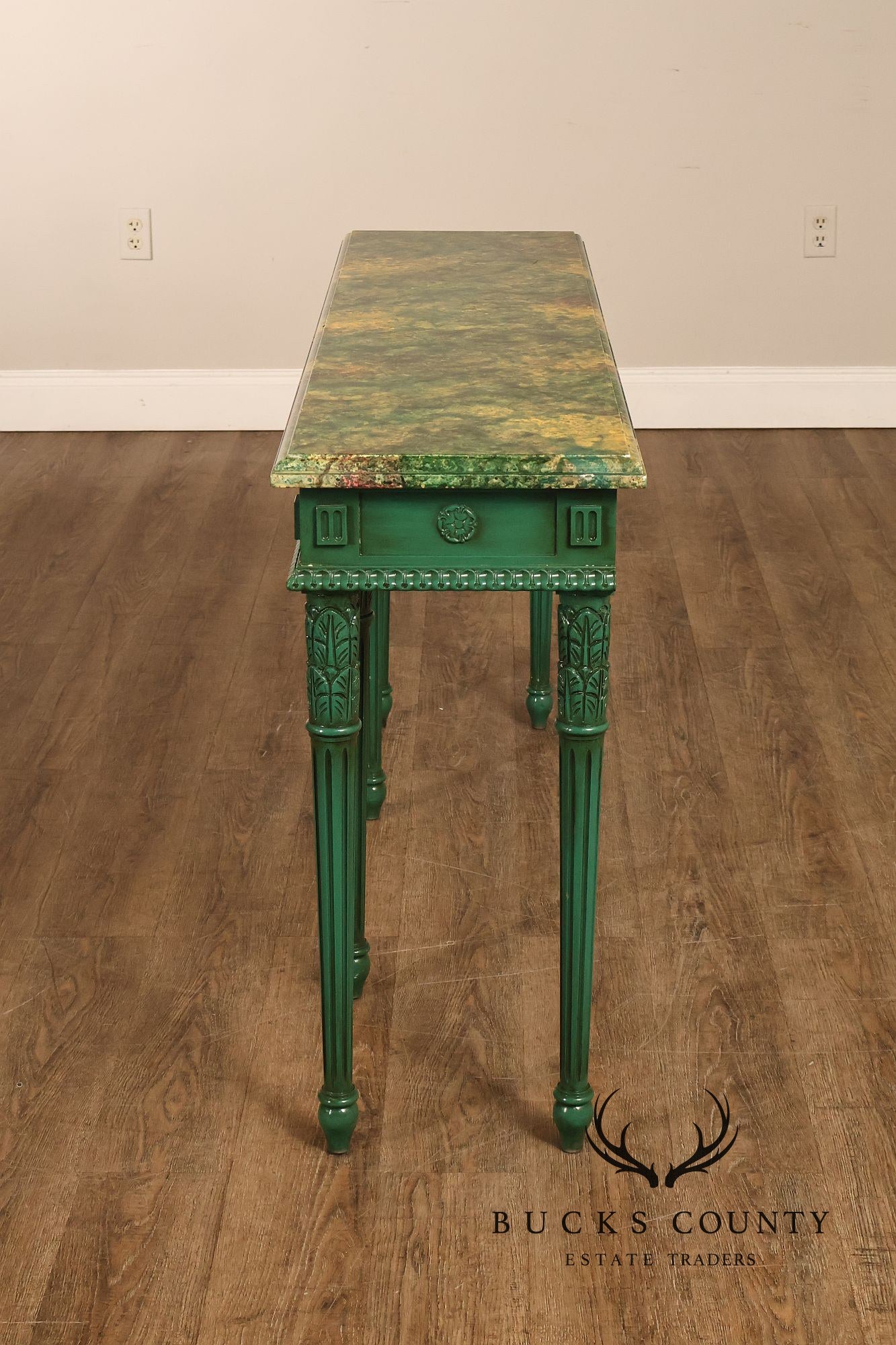 Neoclassical Style Narrow Custom Quality Console Table With Faux Marble Top
