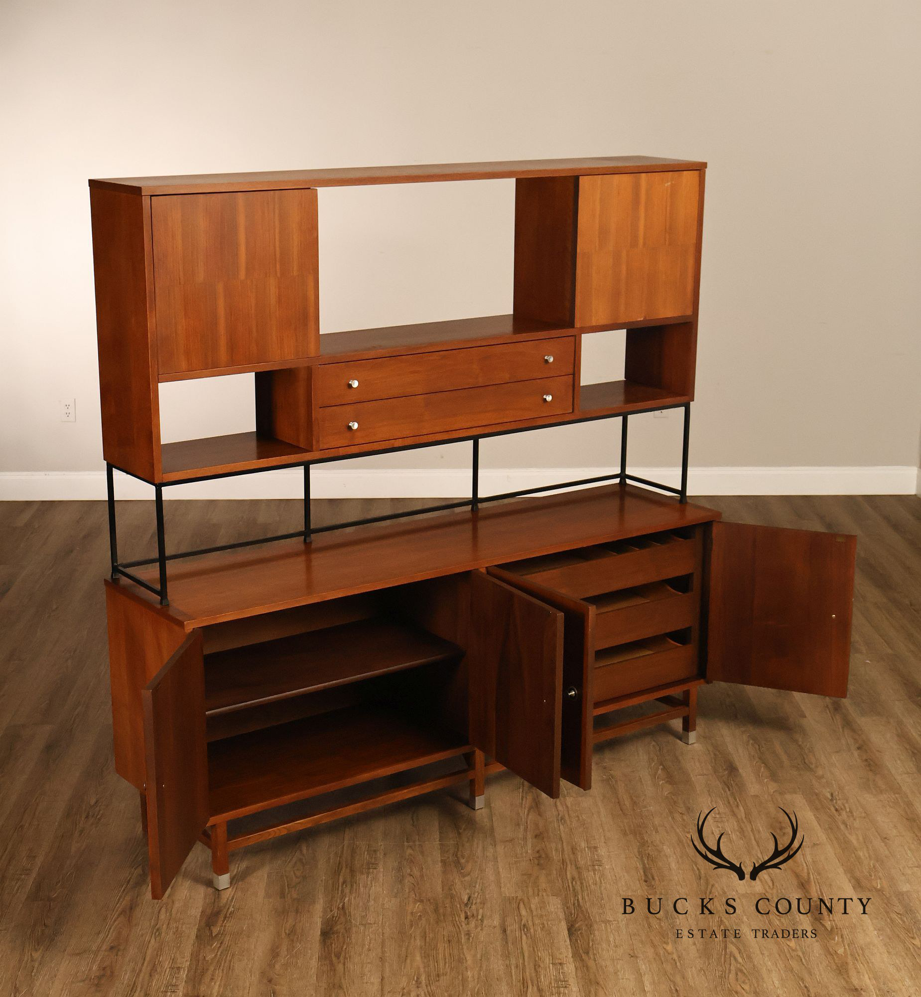 Stanley Mid Century Modern Walnut & Rosewood Inlaid Wall Unit Credenza