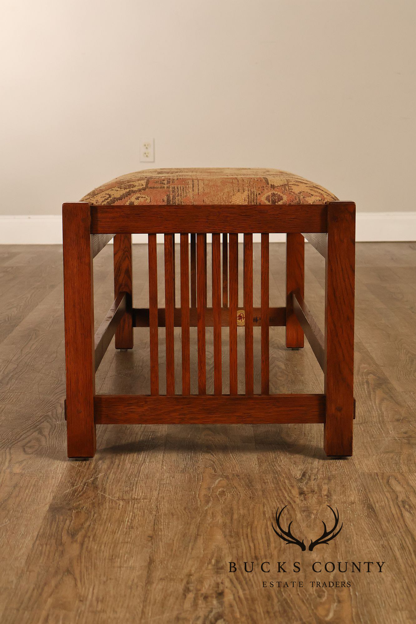 Stickley Mission Collection Oak Spindle Bench With Upholstered Seat
