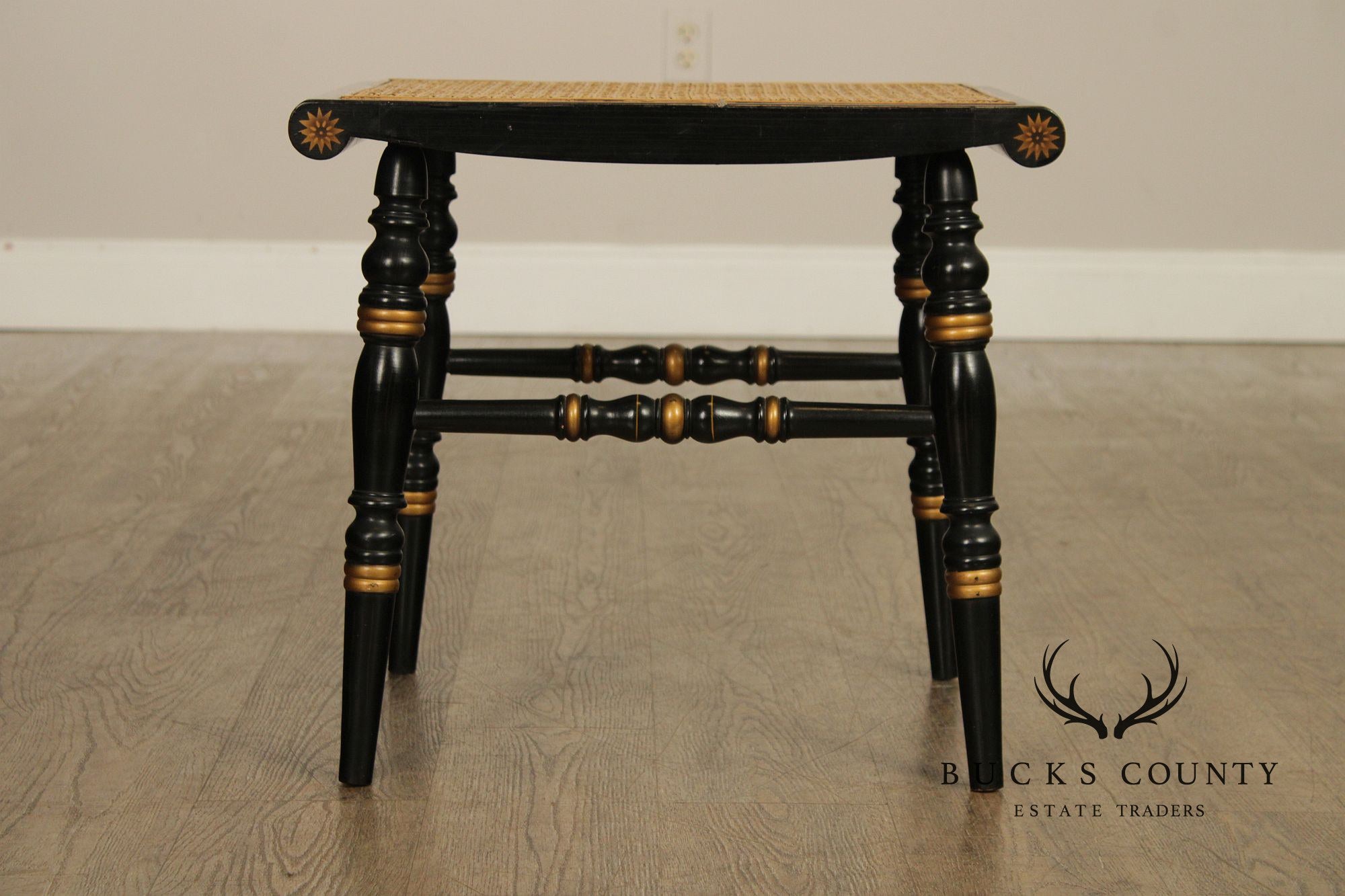 Pair Of L. Hitchcock Black And Gold Hand Stenciled Caned Benches