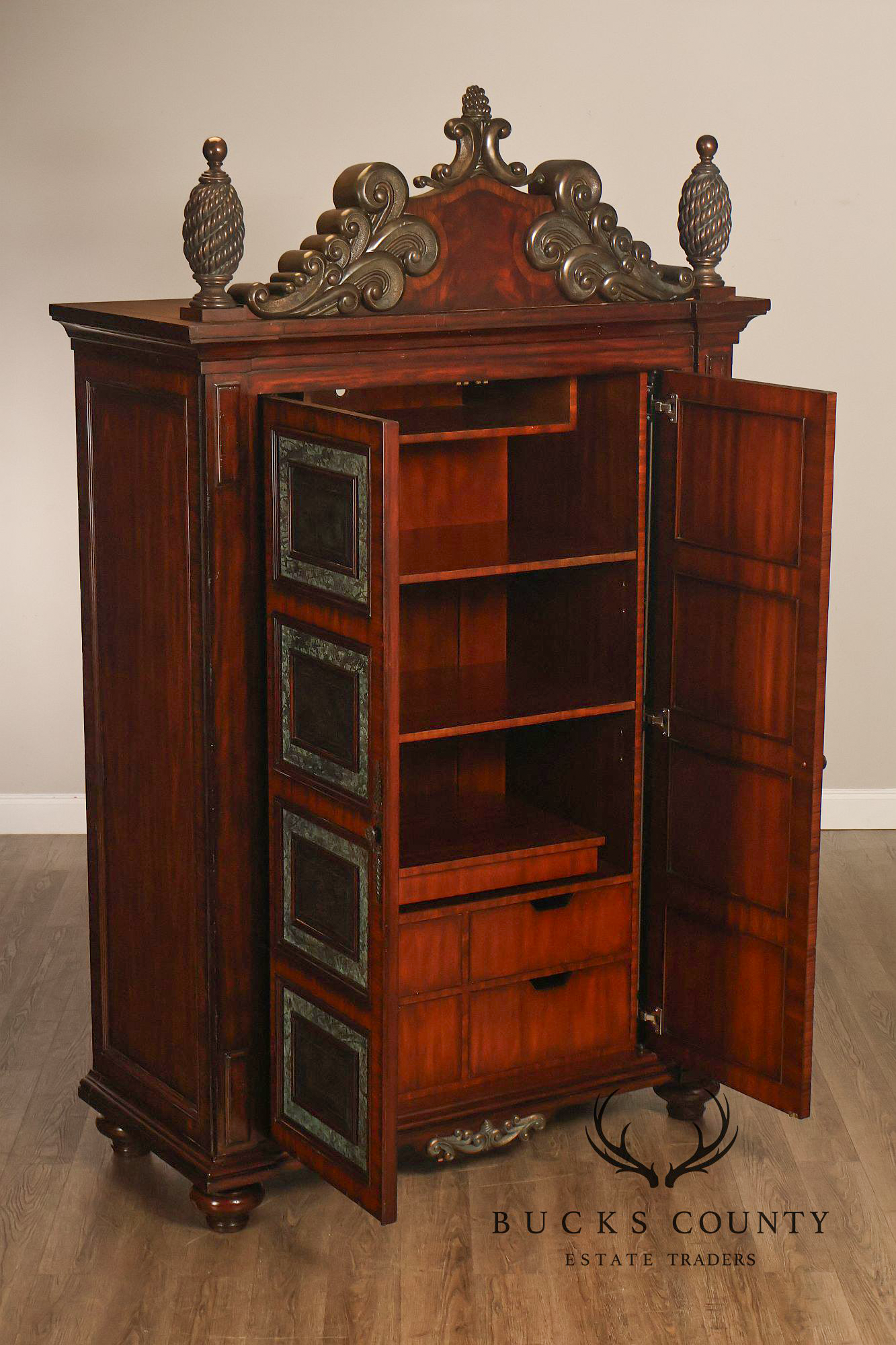 Maitland-Smith Large Mahogany Armoire Cabinet With Bronze Scrollwork Finials And Raised Panel Doors