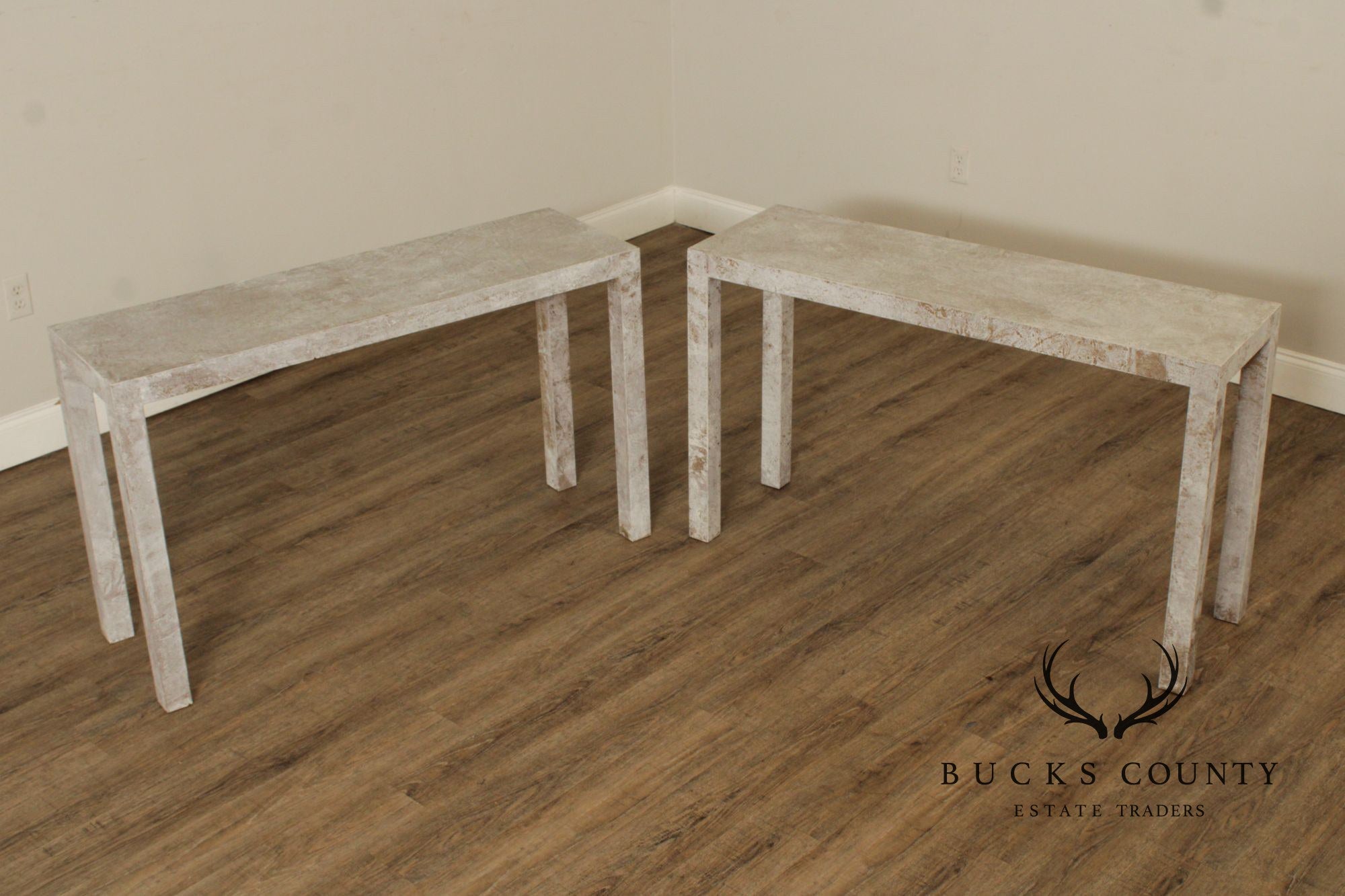 Mid Century Modern Cerused Painted Pair Of Burl Wood Parsons Console Tables
