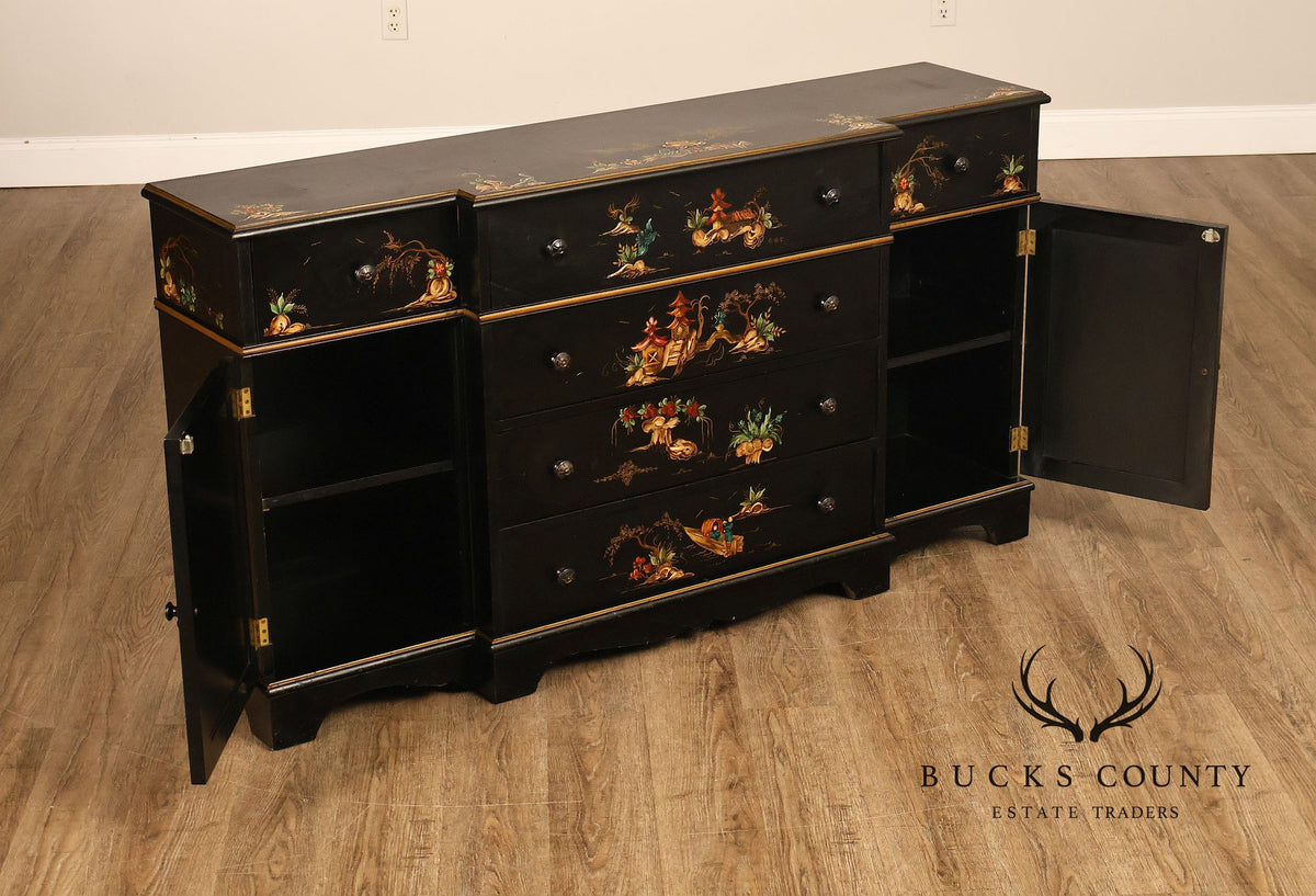 Chinoiserie Style Black Lacquer Hand Painted Sideboard With Hidden Secretary Desk