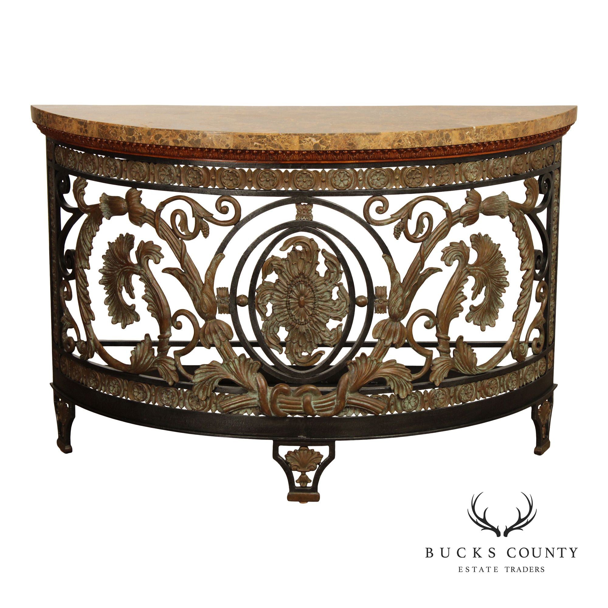 Maitland Smith Marble Top Demilune Wrought Iron Console Table
