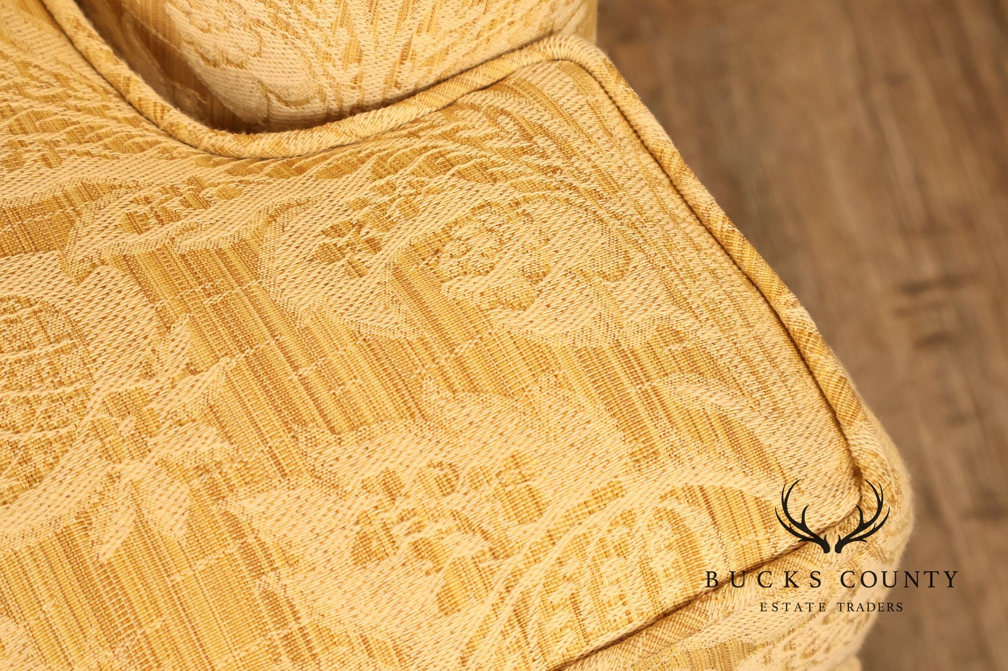 Custom Pair Of Skirted Damask Upholstered Lounge Chairs