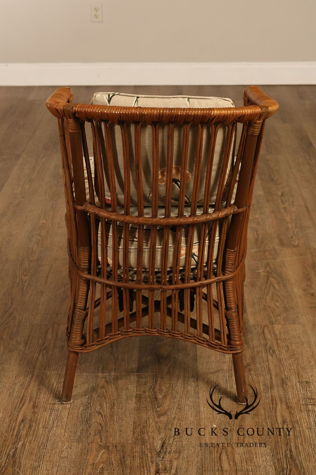 Antique Set Of Four Split Reed Rattan Armchairs With Floral Cushions