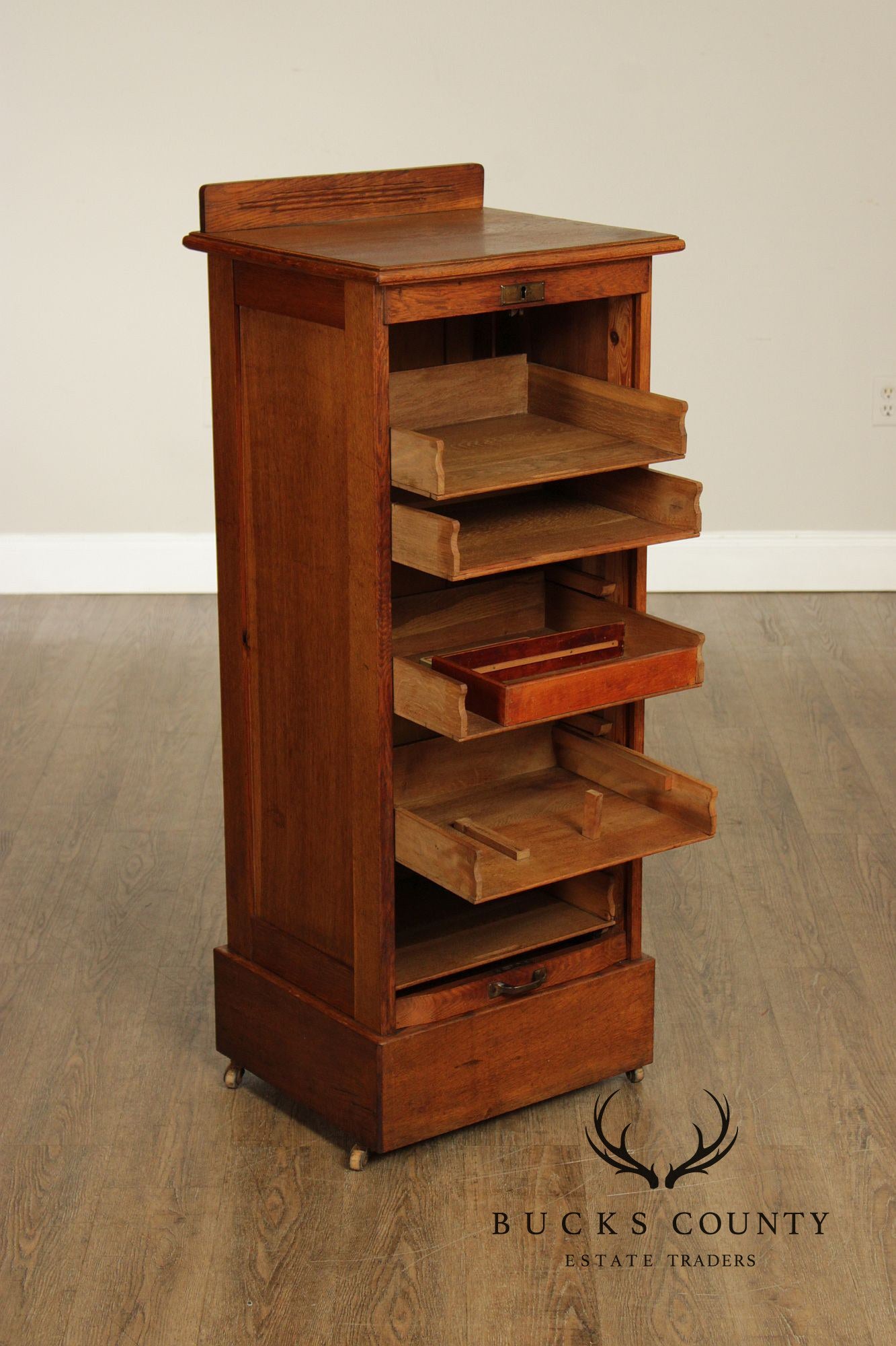 Antique Arts & Crafts Oak Tambour File Cabinet