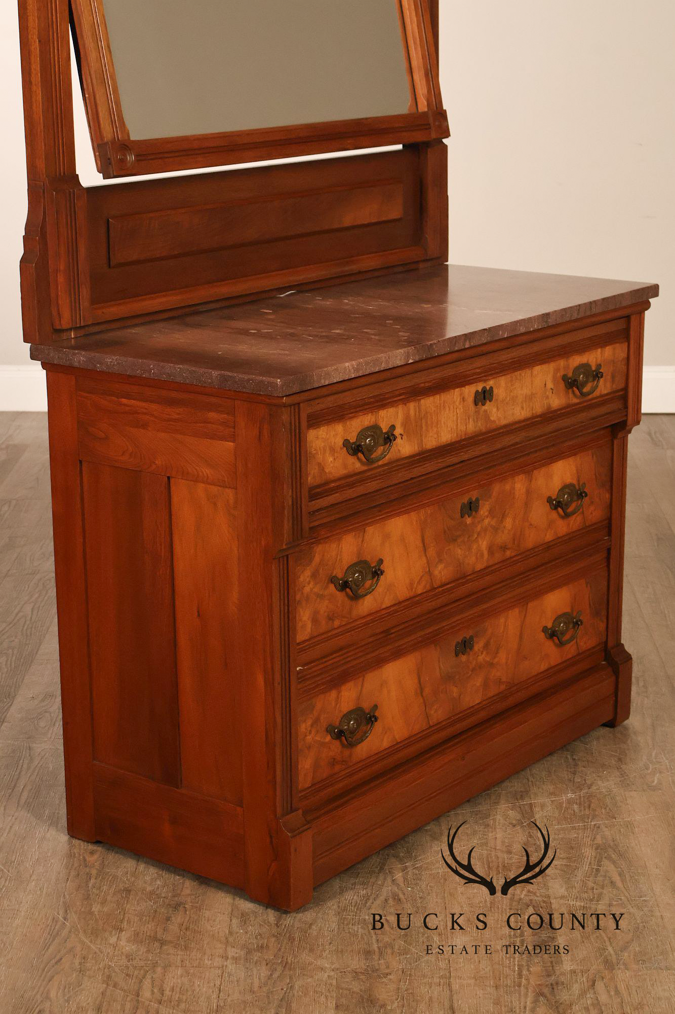 Antique Victorian Eastlake Walnut Marble Top Dresser With Mirror
