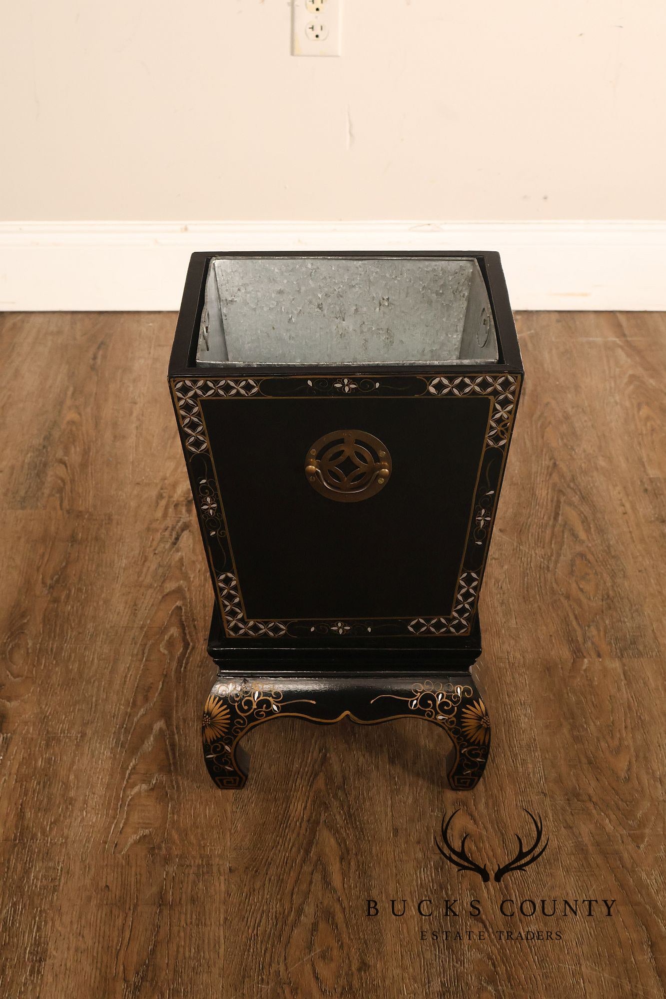 Chinese Black Lacquer Mother Of Pearl Inlaid Figural Planter On Matching Stand
