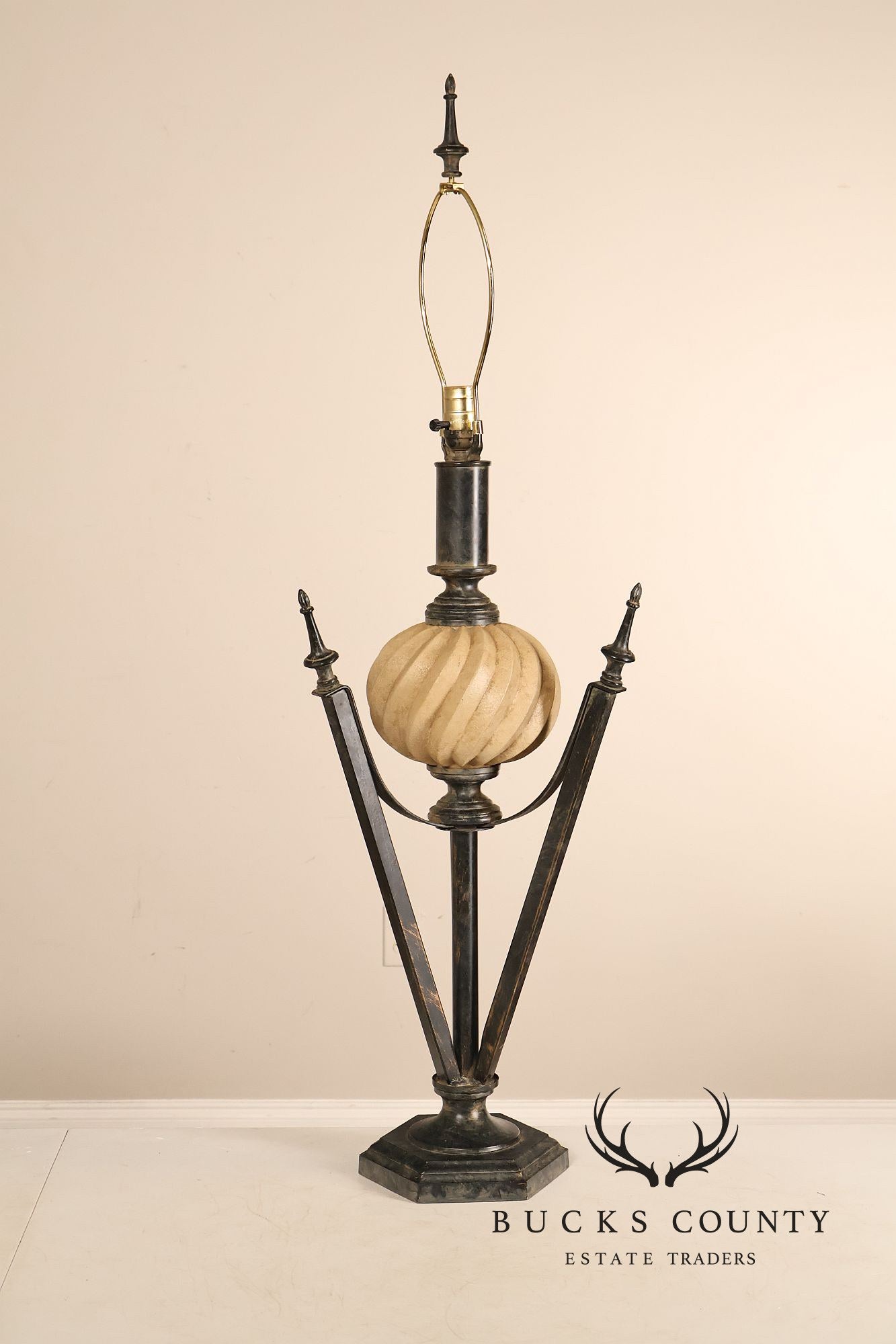Neoclassical Style Pair Of Table Lamps With Carved Orb And Metal Base