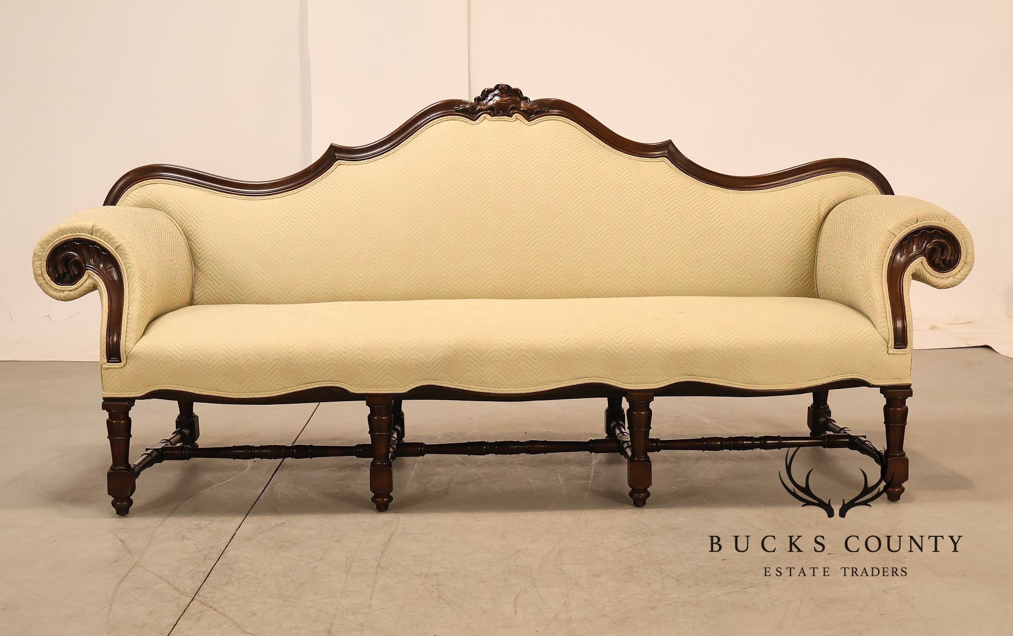 Antique Italian Rococo Carved Walnut Frame Long Sofa