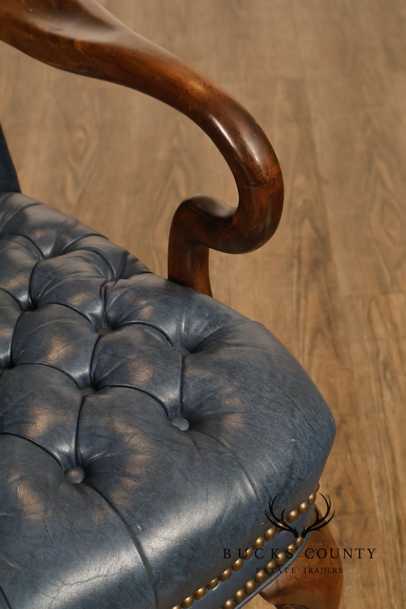 Ethan Allen Queen Anne Style Pair of Tufted Leather Library Armchairs