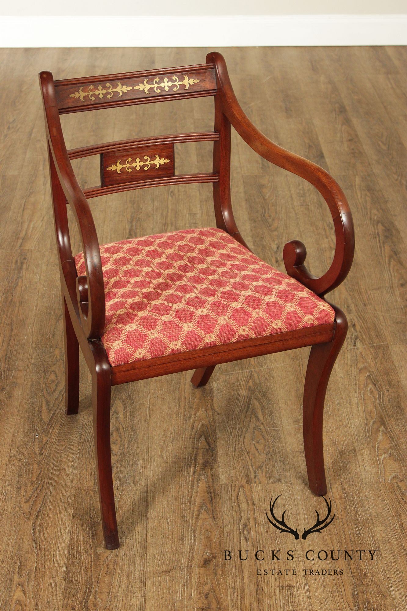Antique English Regency Style Pair of Rosewood Brass Inlaid Armchairs