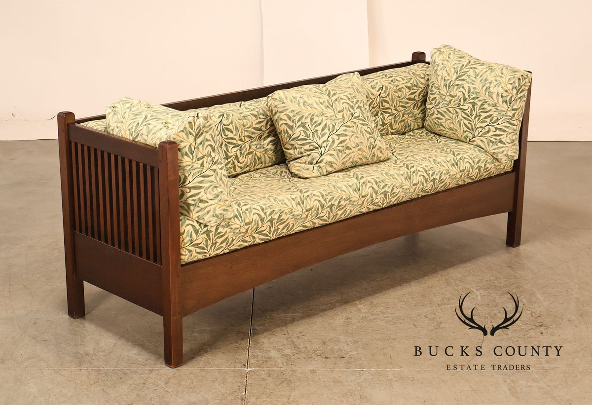 Mission Style Mahogany Spindle Settle With Botanical Upholstery